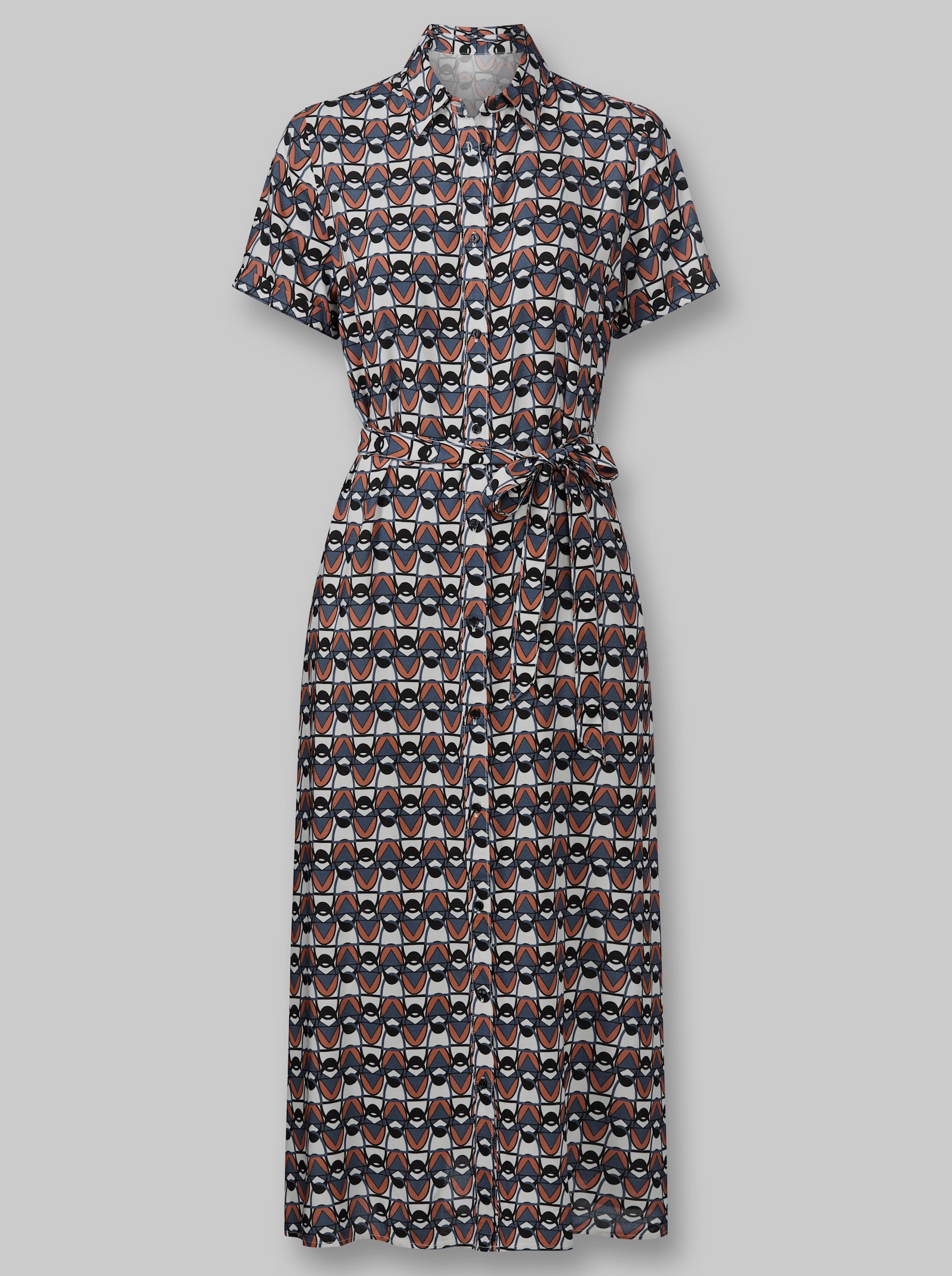 heine Hemdblusenkleid mit Stoffgürtel - taubenblau-ecru-bedruckt