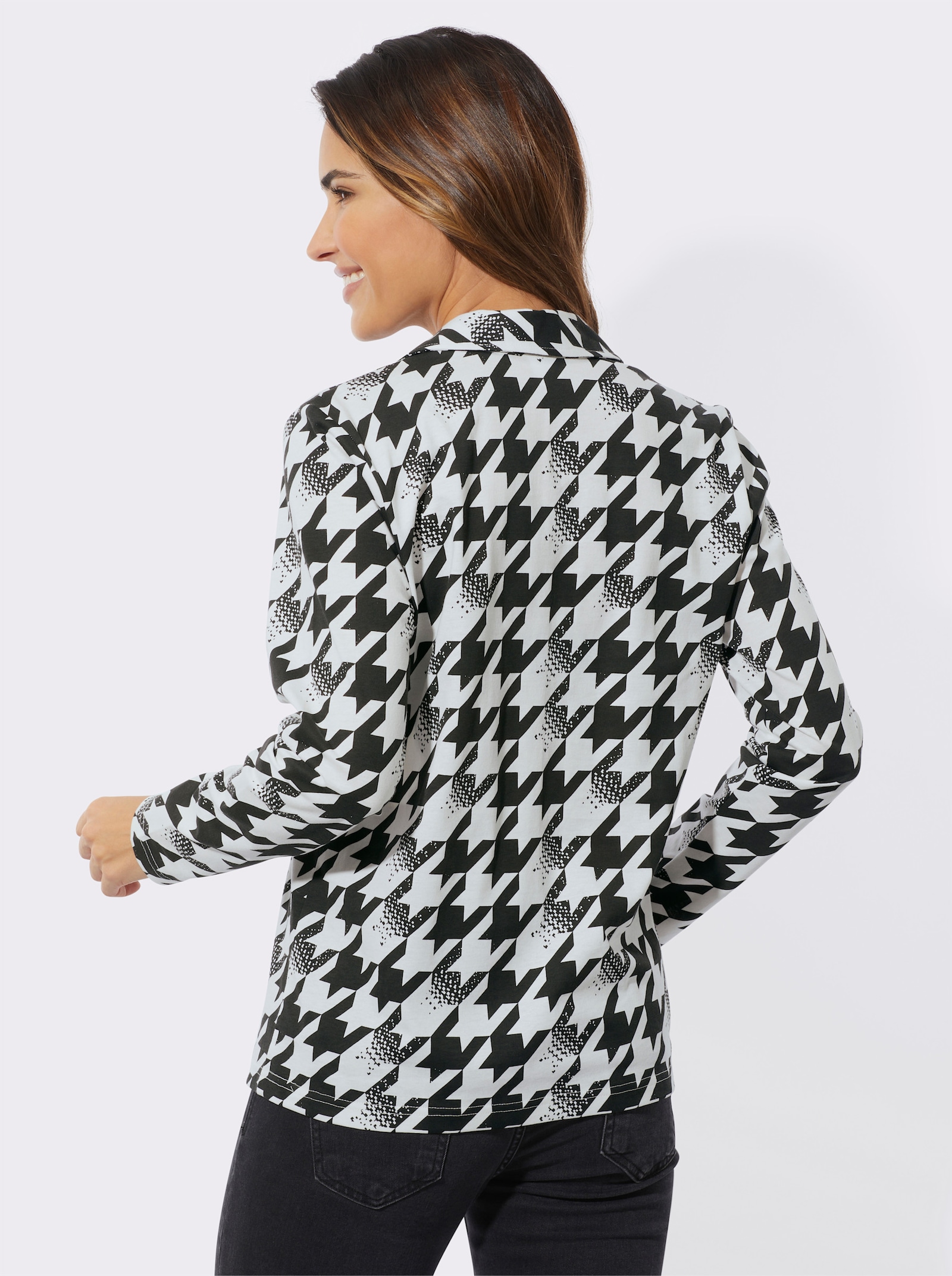 Shirt met lange mouwen en pied-de-poule-patroon - zwart/ecru geprint