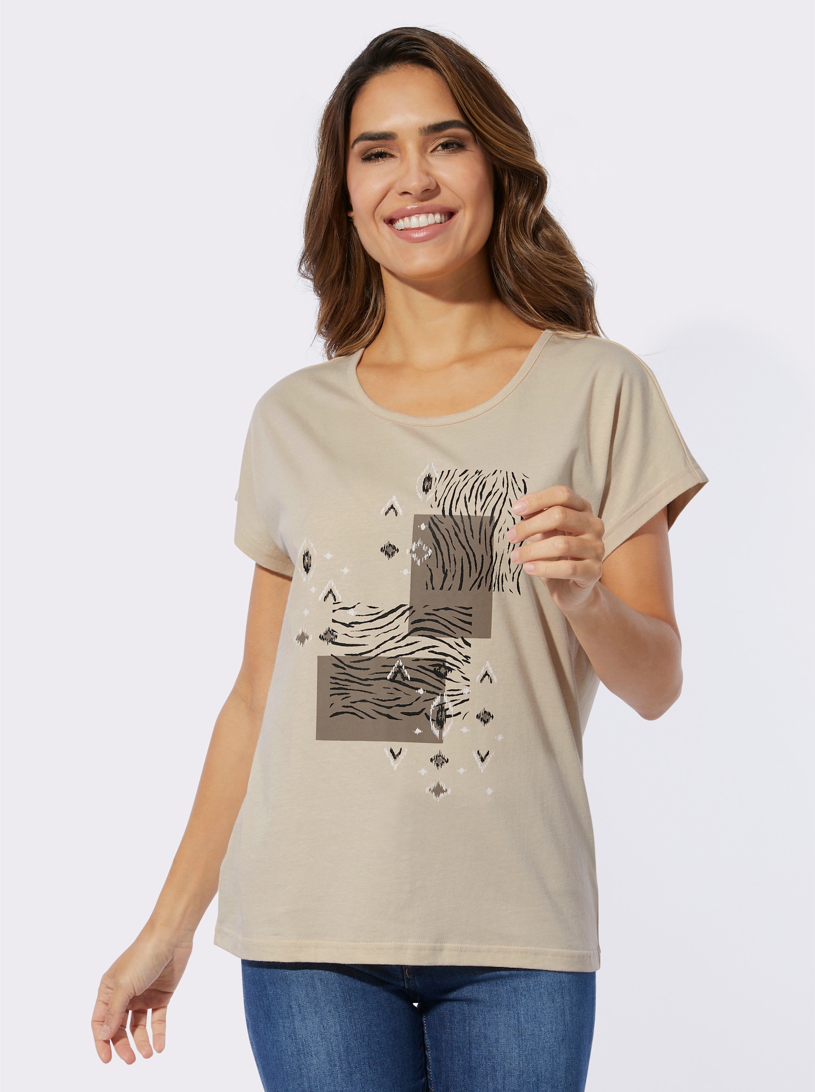 Rundhalsshirt im Ethno-Stil - sand-schwarz-bedruckt