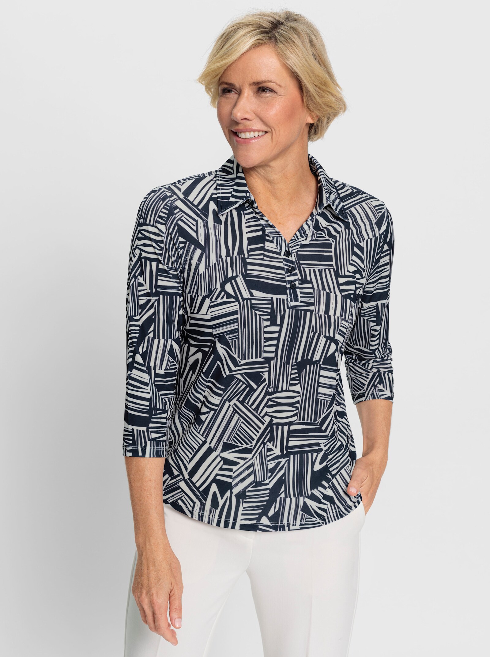 Poloshirt im Grafik-Dessin - marine-ecru-bedruckt