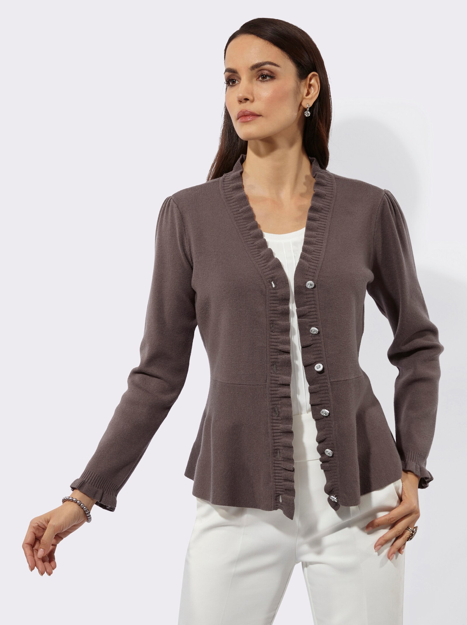 Strickjacke mit Schößchen - dunkeltaupe