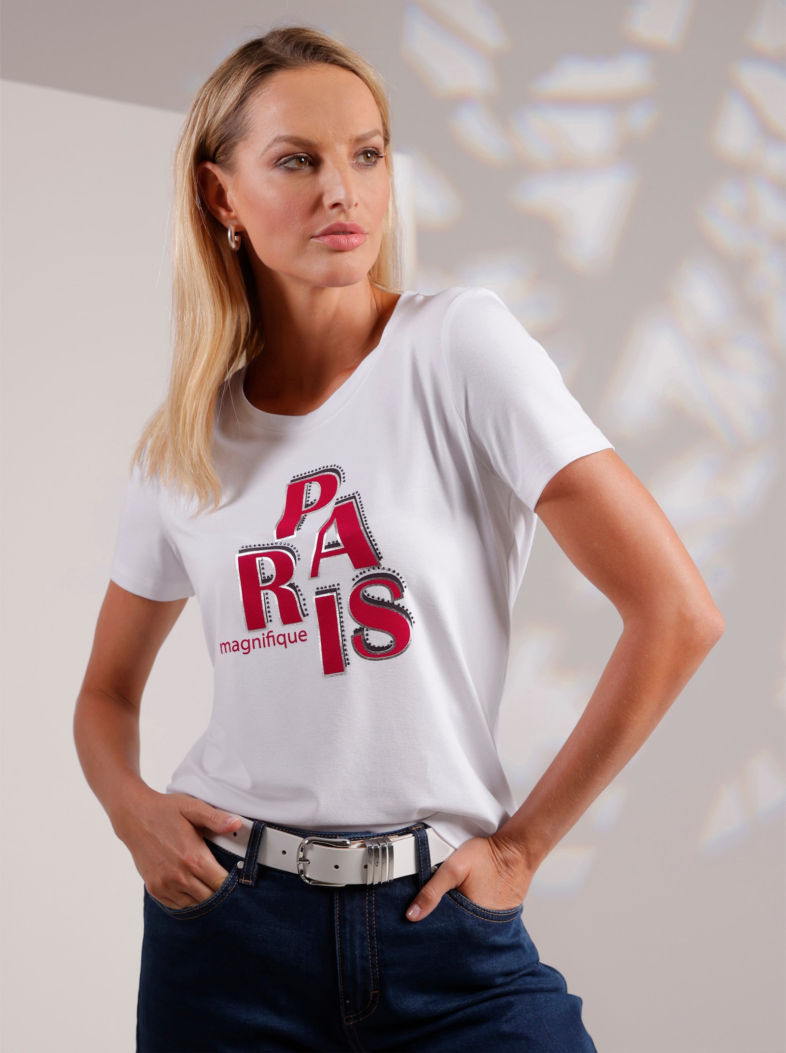 heine Kurzarmshirt mit Schriftzug - weiß-erdbeere