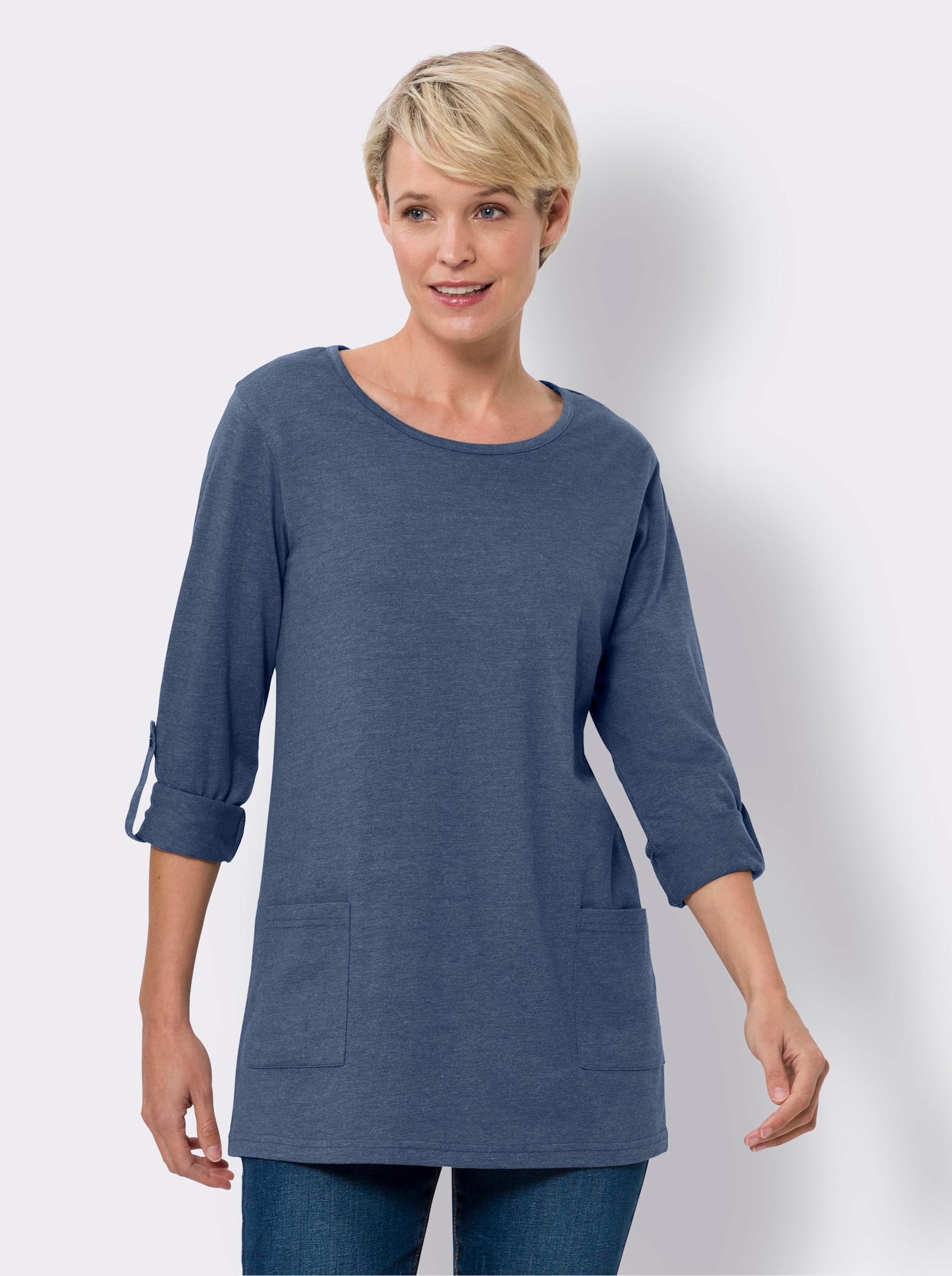 Dlhé tričko s vyhrnuteľnými rukávmi - Denim blue-škvrnité