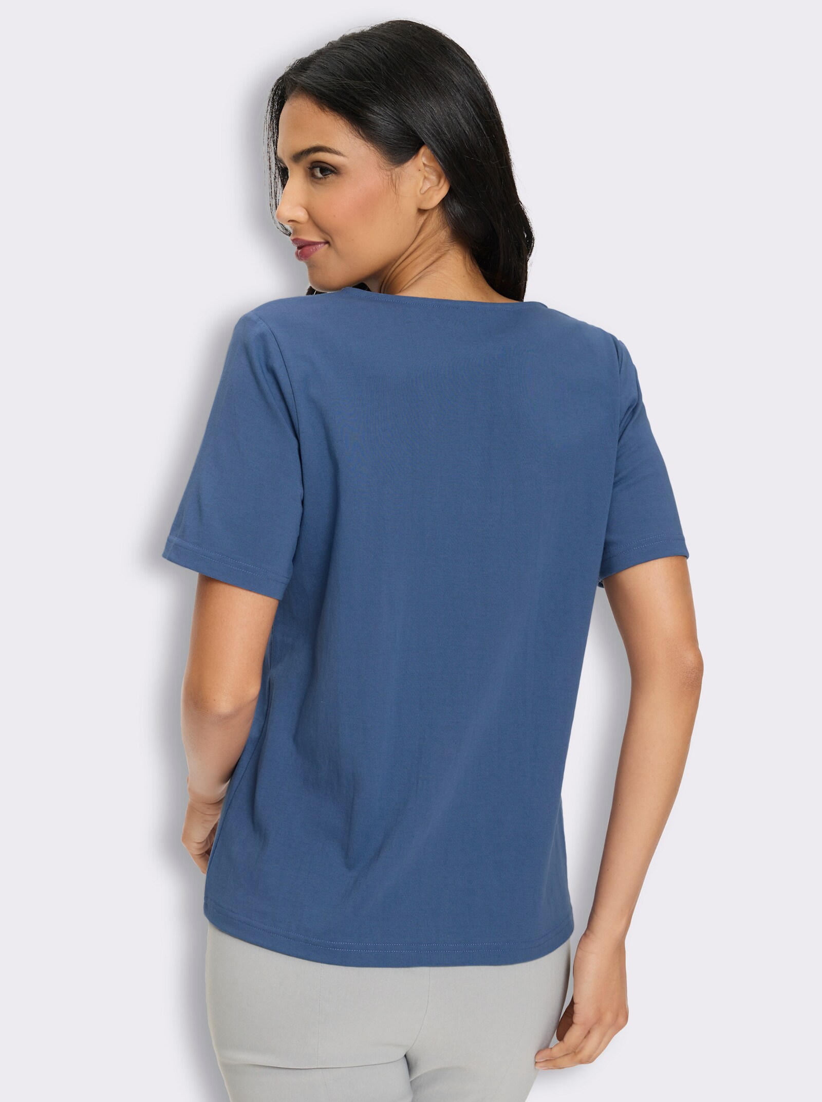 Kurzarmshirt mit Spitzendetails - jeansblau