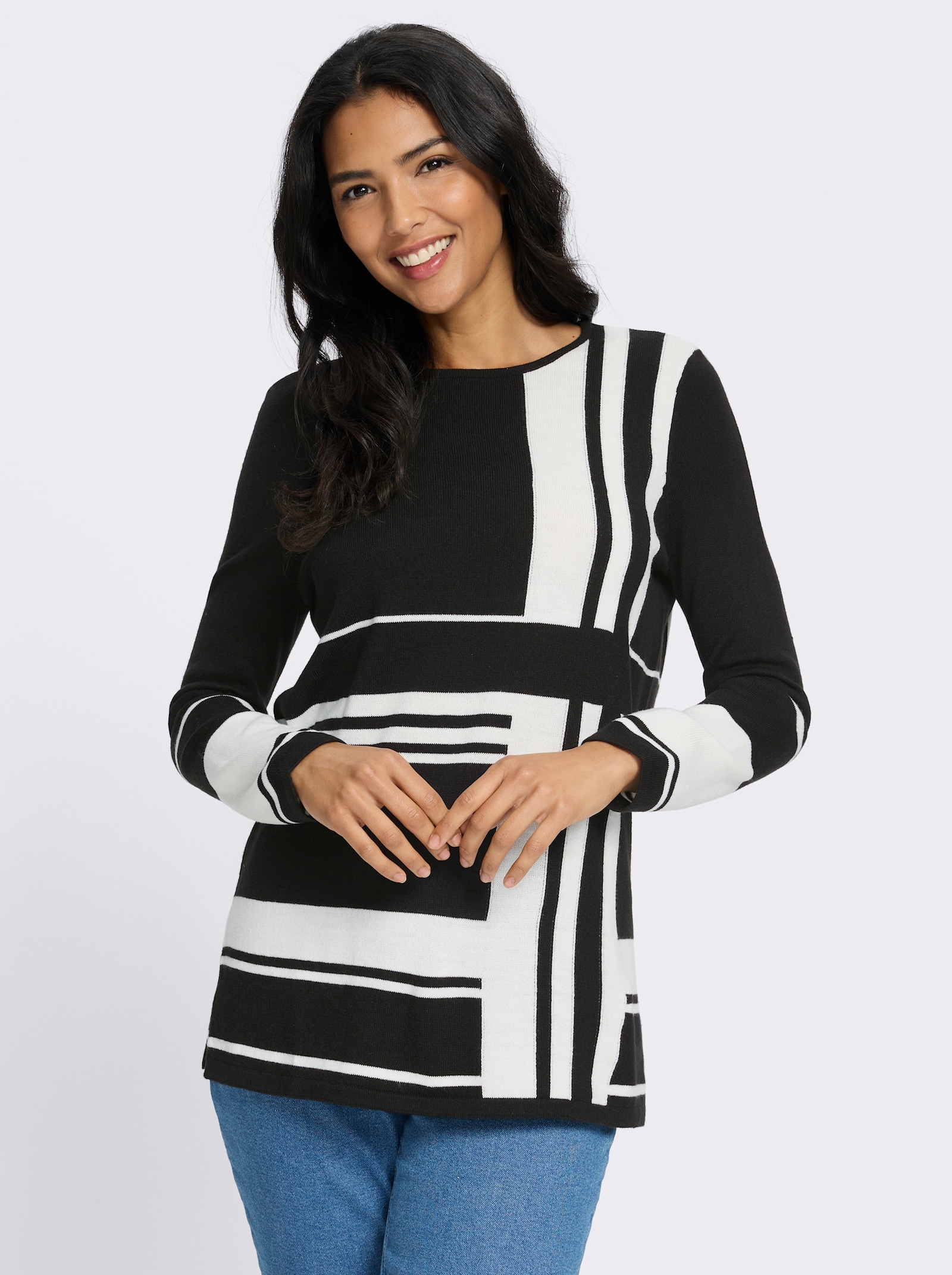 Longpullover mit Grafik-Muster - schwarz-weiß-gemustert