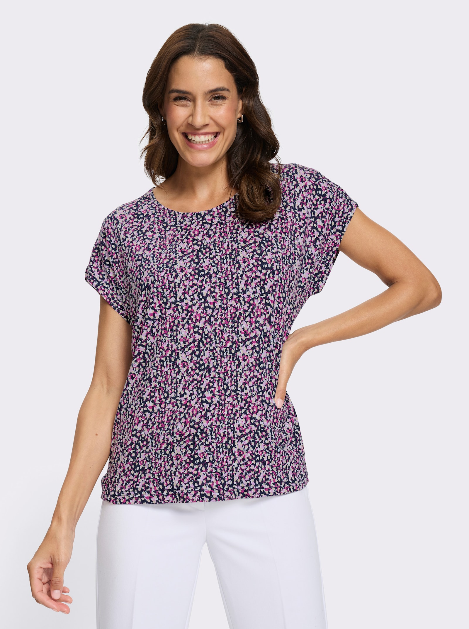 Print-Shirt mit überschnittenen Schultern - marine-orchidee-bedruckt