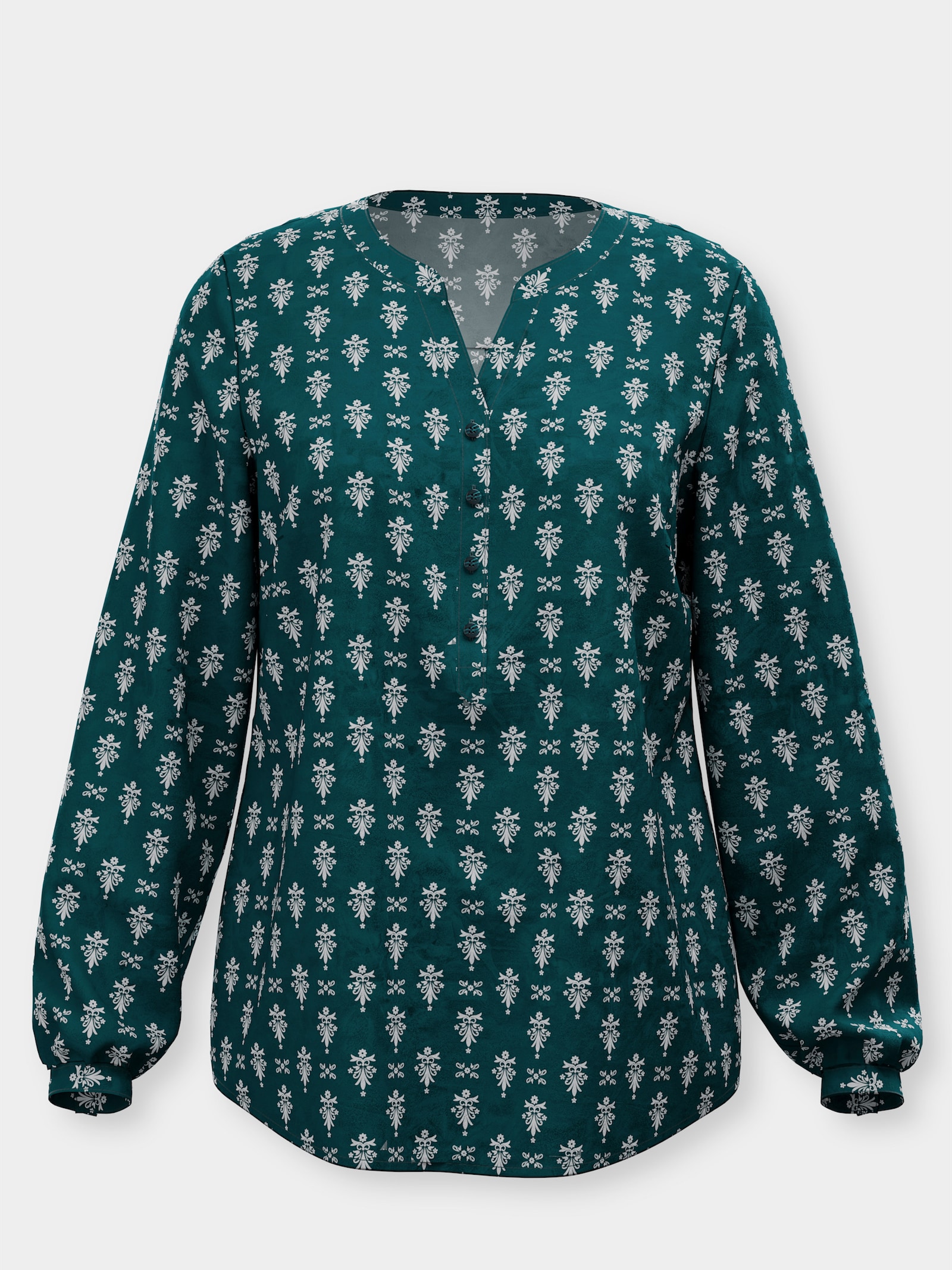 Schlupfbluse mit kurzer Knopfleiste - petrol-ecru-bedruckt