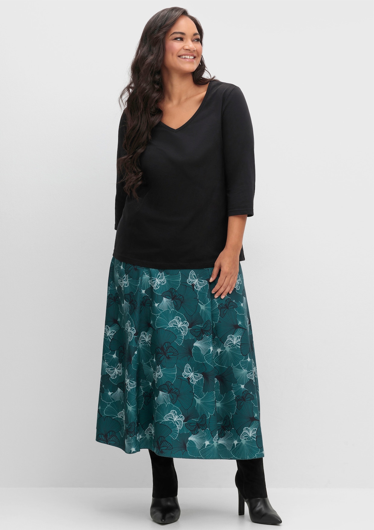 3/4-Arm-Shirt mit V-Ausschnitt - schwarz