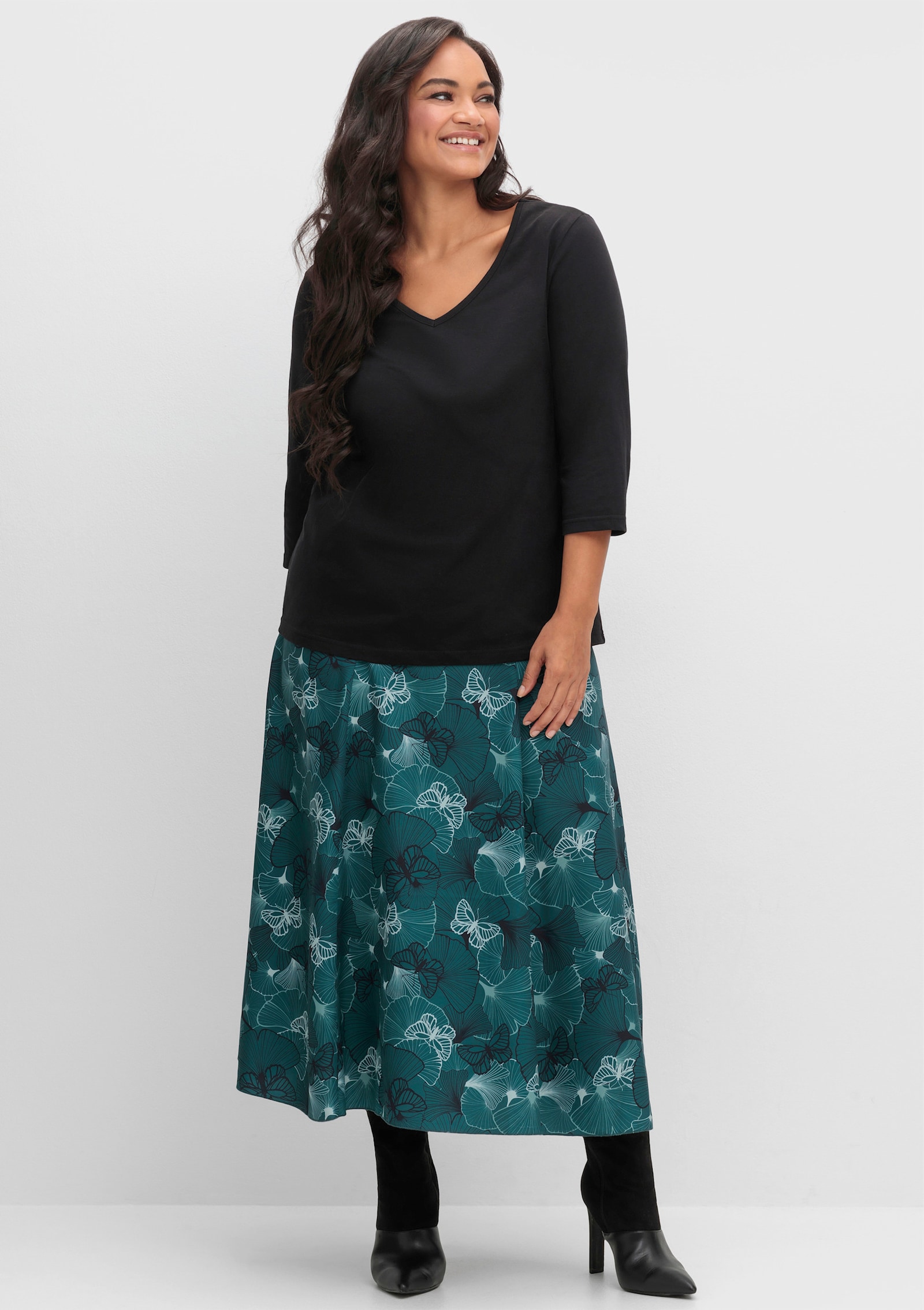 3/4-Arm-Shirt mit V-Ausschnitt - schwarz