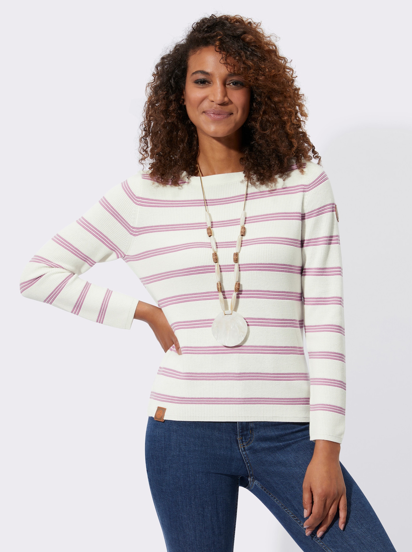 Pullover mit U-Boot-Ausschnitt - orchidee-ecru-geringelt