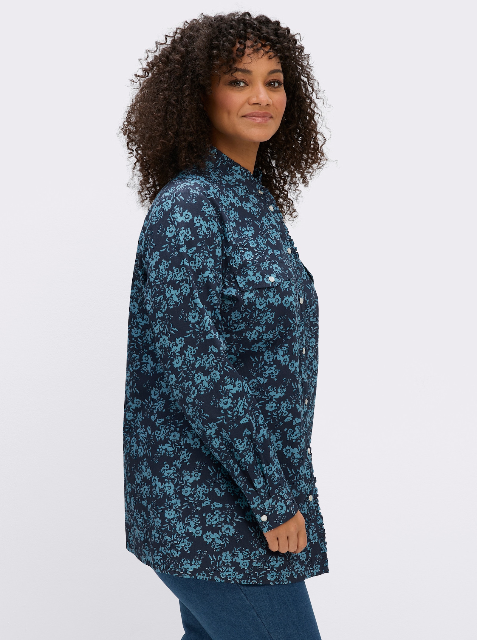 sheego by Joe Browns Druckbluse aus Cord, mit Rüschen-Details - dunkelblau-aquamarin-gemustert