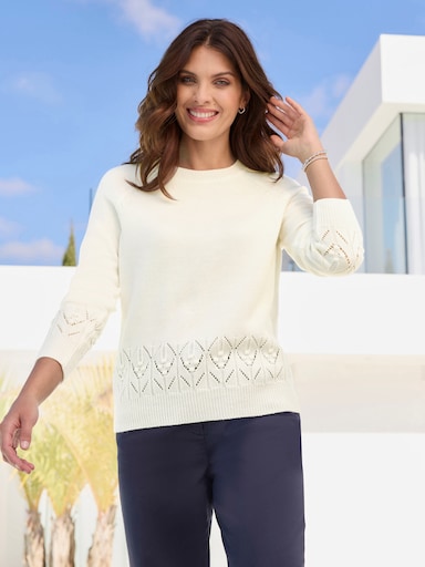 Langarm-Pullover mit Strickmuster im Vorderteil - ecru