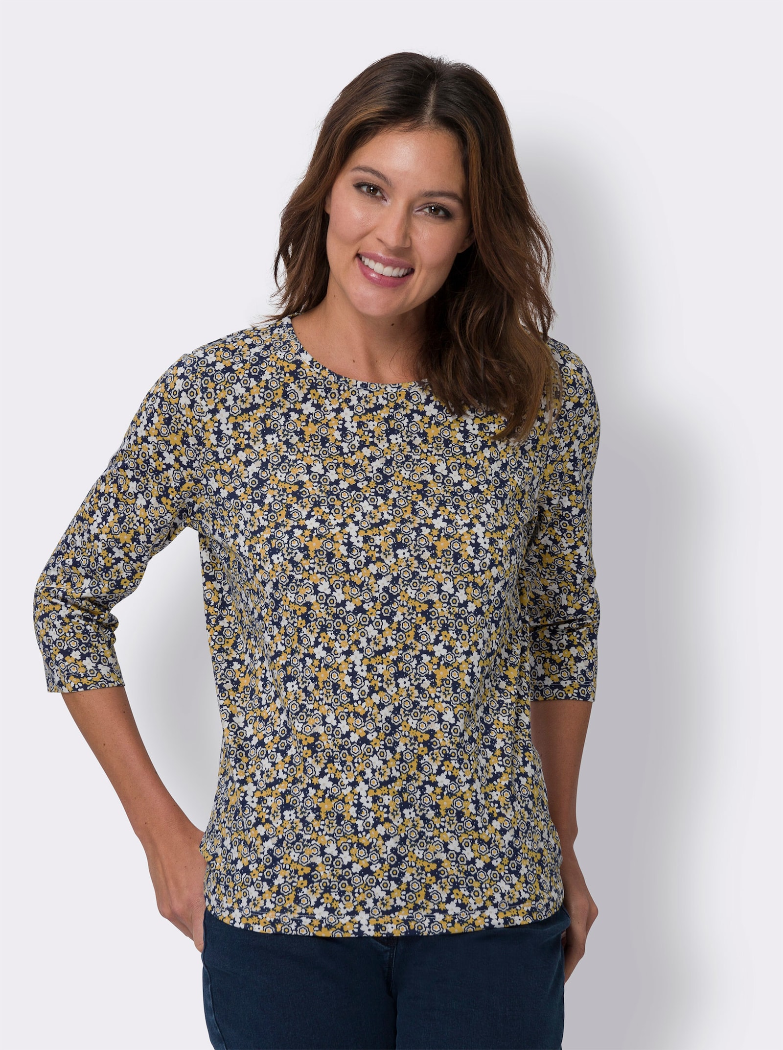 Tričko s 3/4 rukávem a květinovým vzorem - námořnická-okrová-potisk