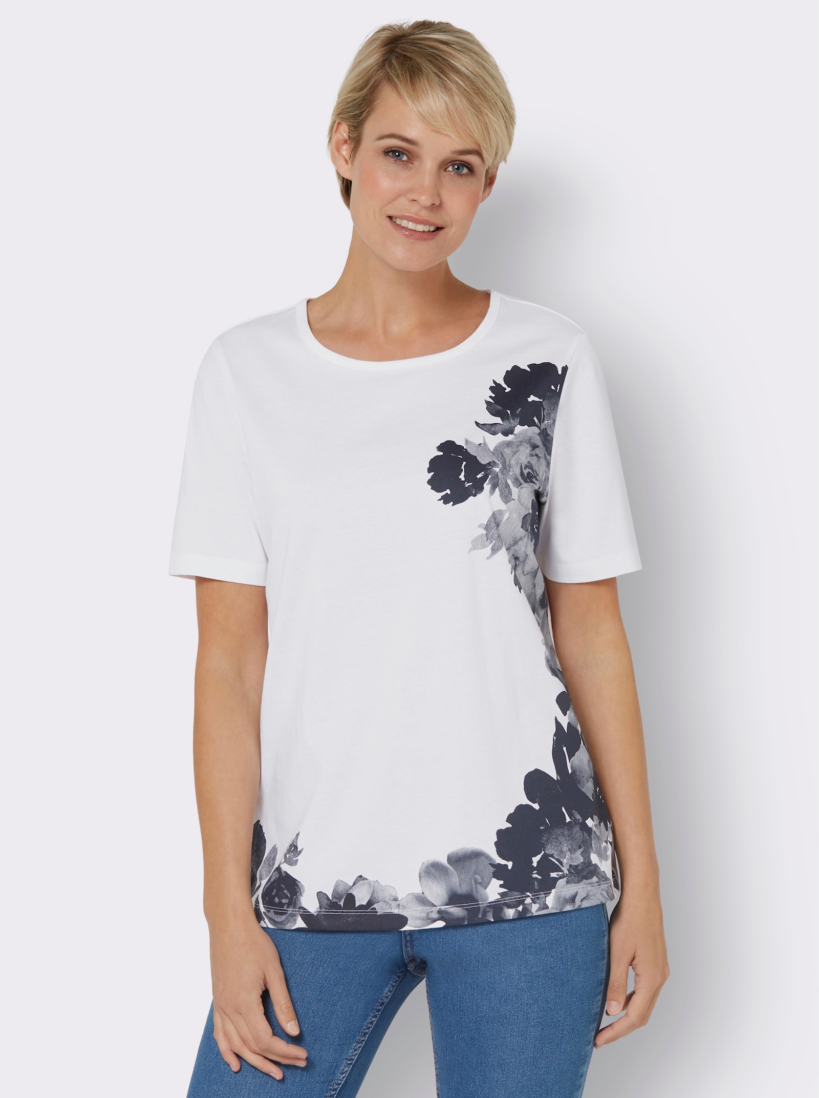 Shirt met korte mouwen en bloemenprint - wit geprint