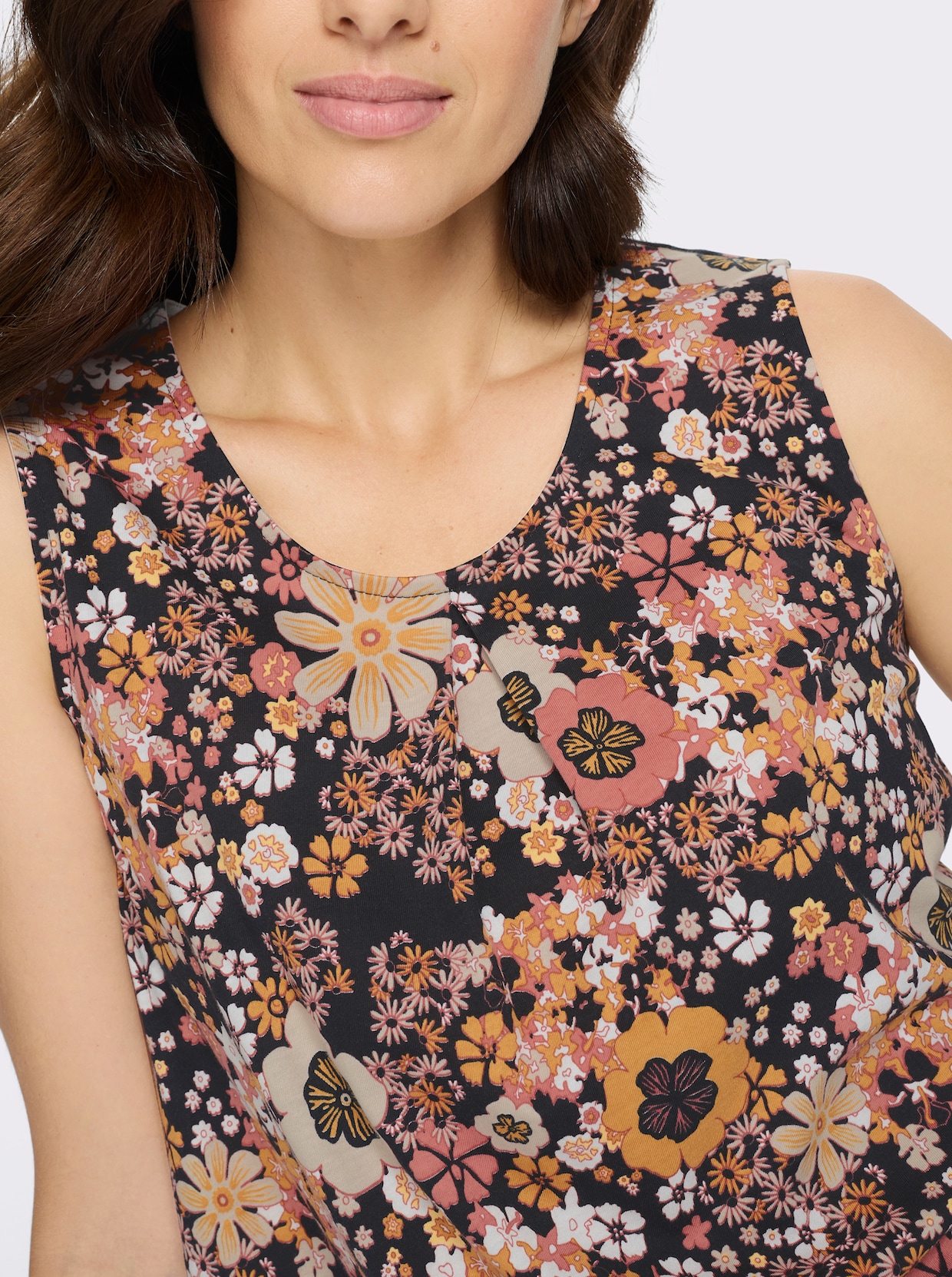 Shirttop floral gemustert - schwarz-papaya-bedruckt