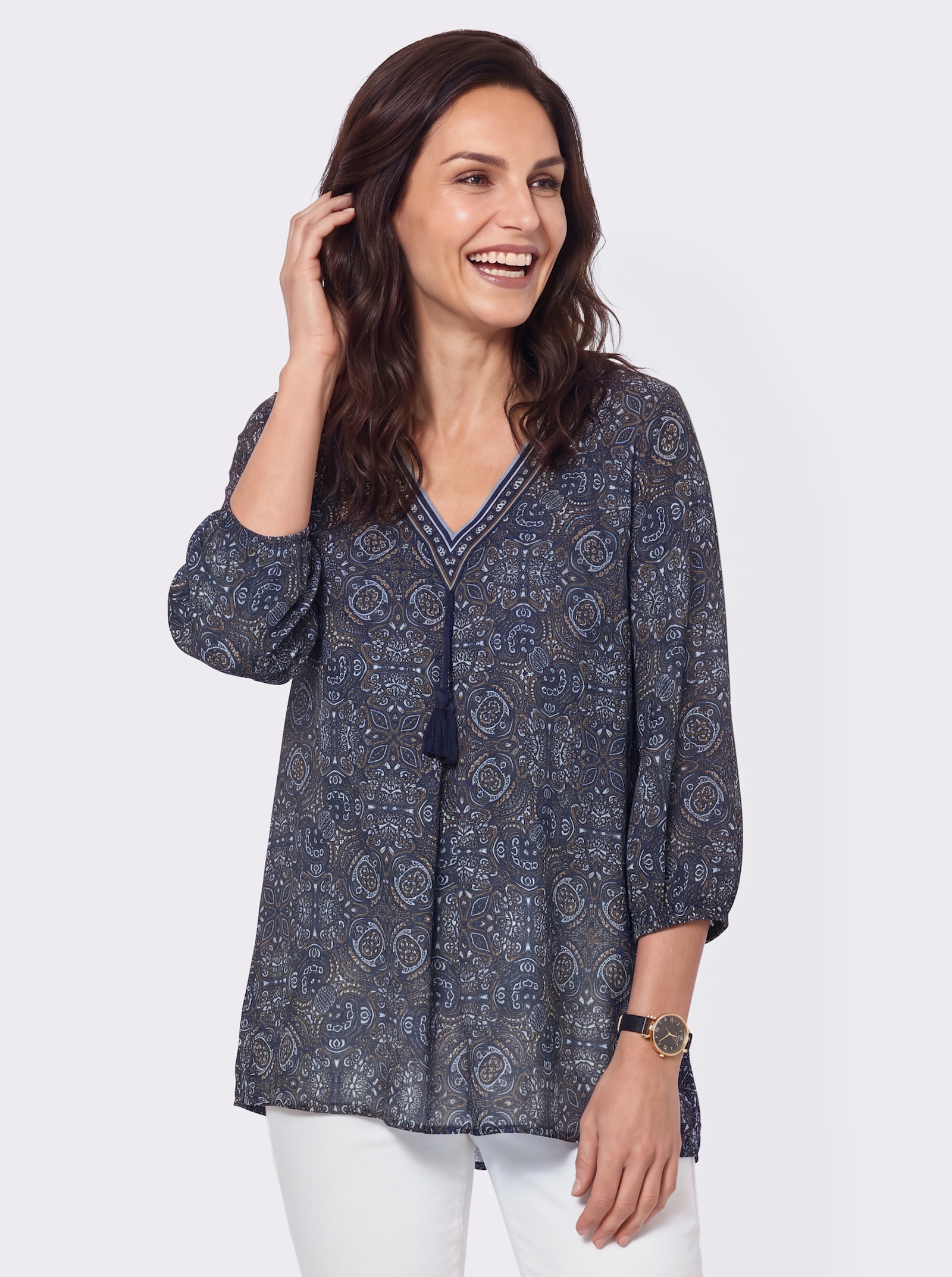 Druckbluse mit Weite gebender Falte - marine-bedruckt