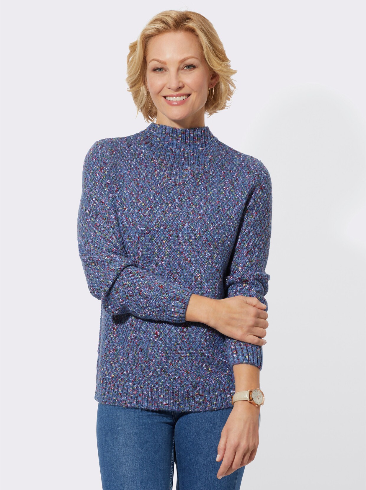 Trui met opstaande kraag - middenblauw gemêleerd