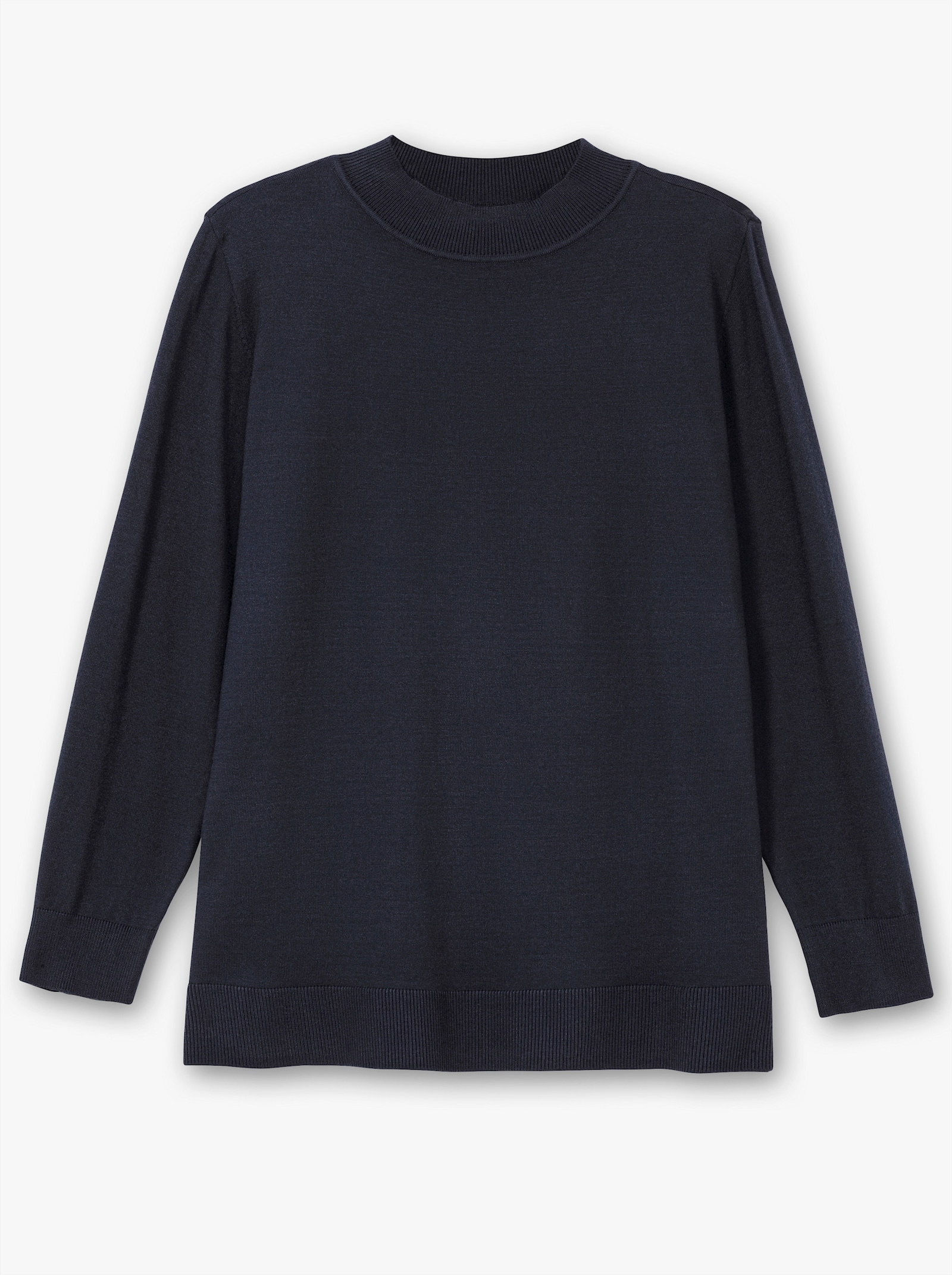 sheego Pull en tricot fin à col montant - bleu foncé