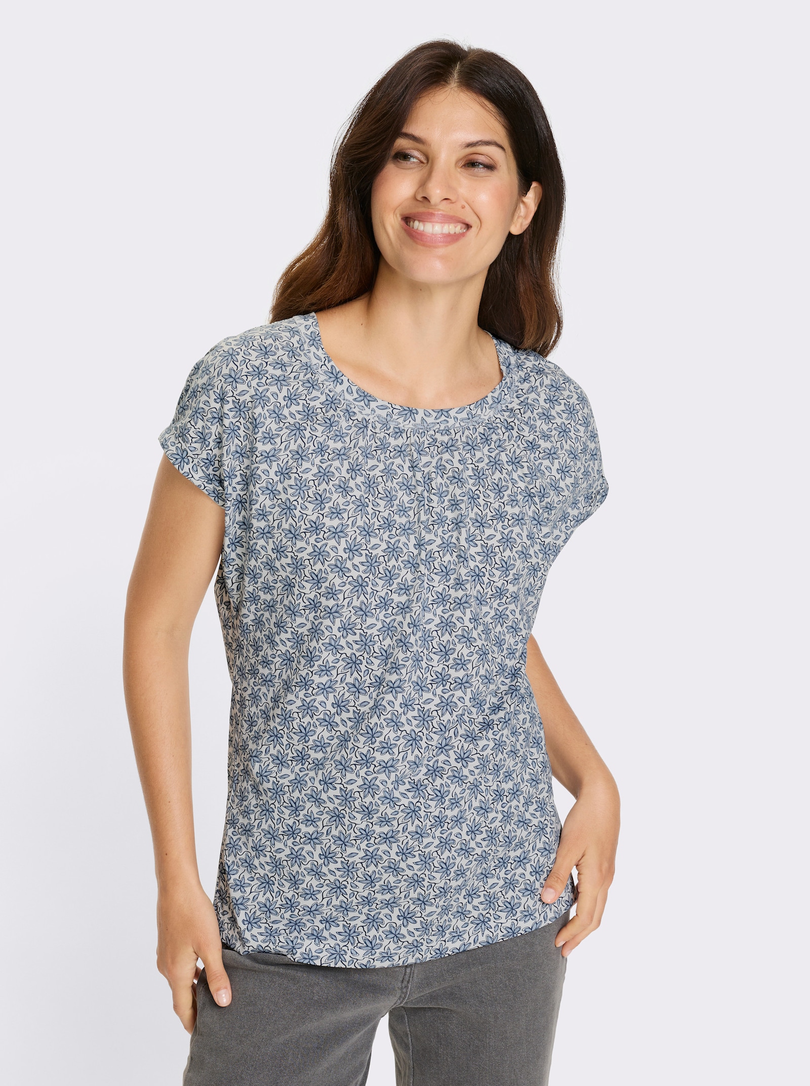 Kurzarmshirt mit Raffung am Ausschnitt - weiß-bleu-bedruckt