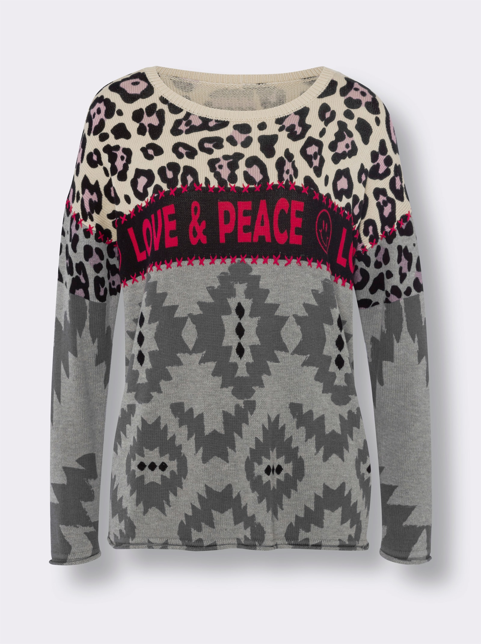 heine Feinstrickpullover im Mustermix, mit Schriftzug - grau-mauve-gemustert