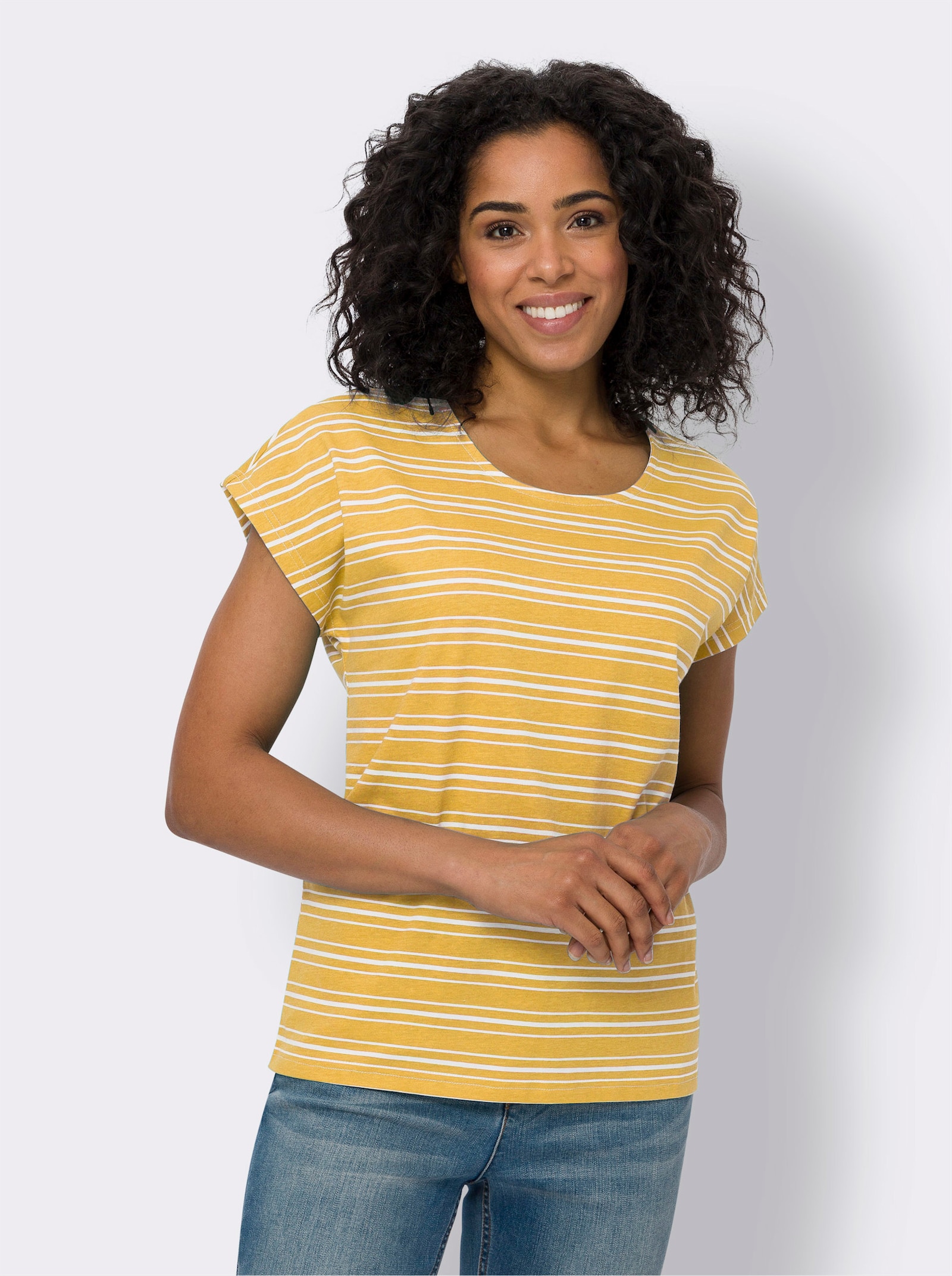 Rundhalsshirt im Ringel-Dessin - gelb-ecru-geringelt