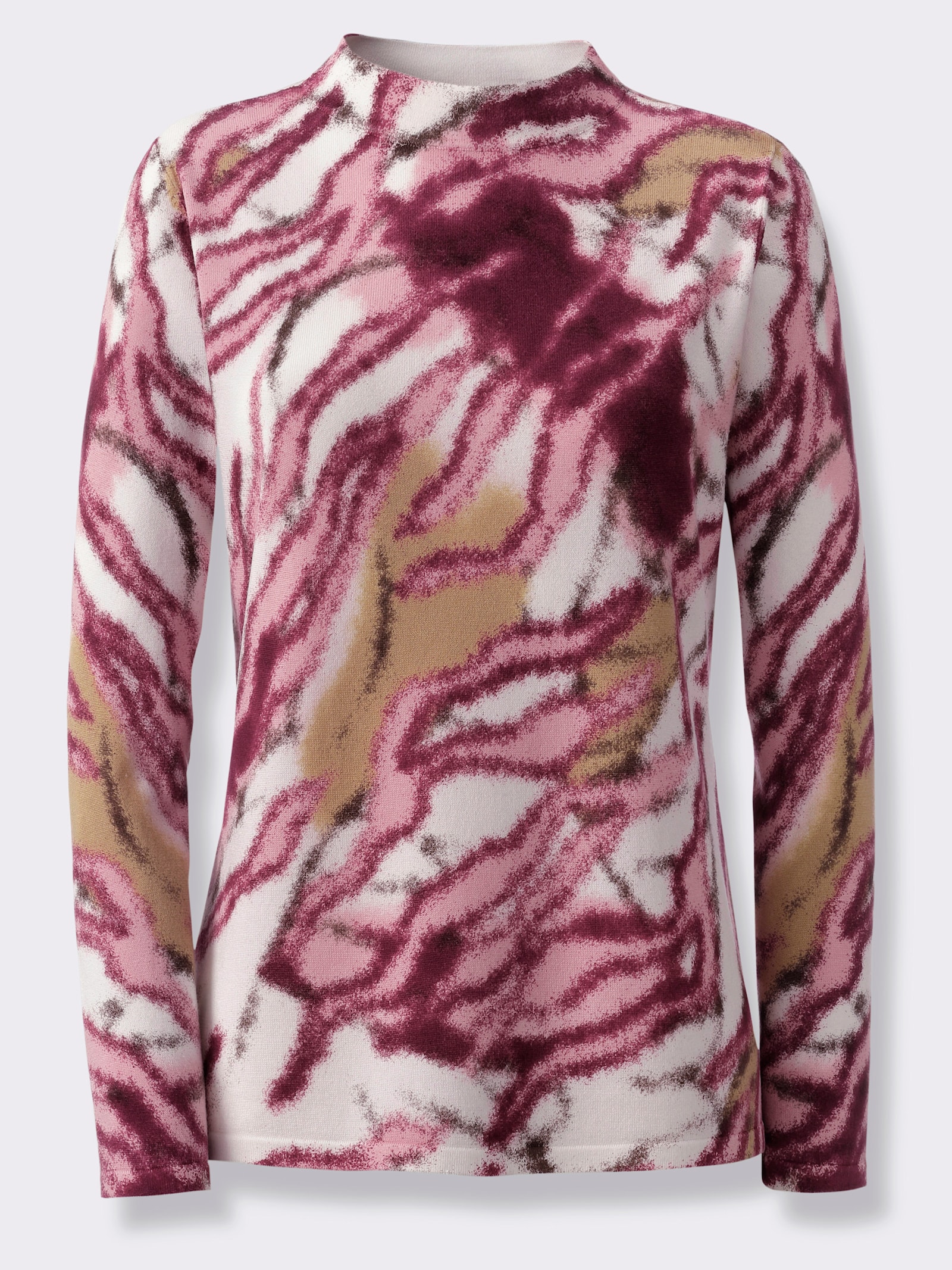 Langarm-Pullover mit Stehkragen - ecru-bordeaux-bedruckt