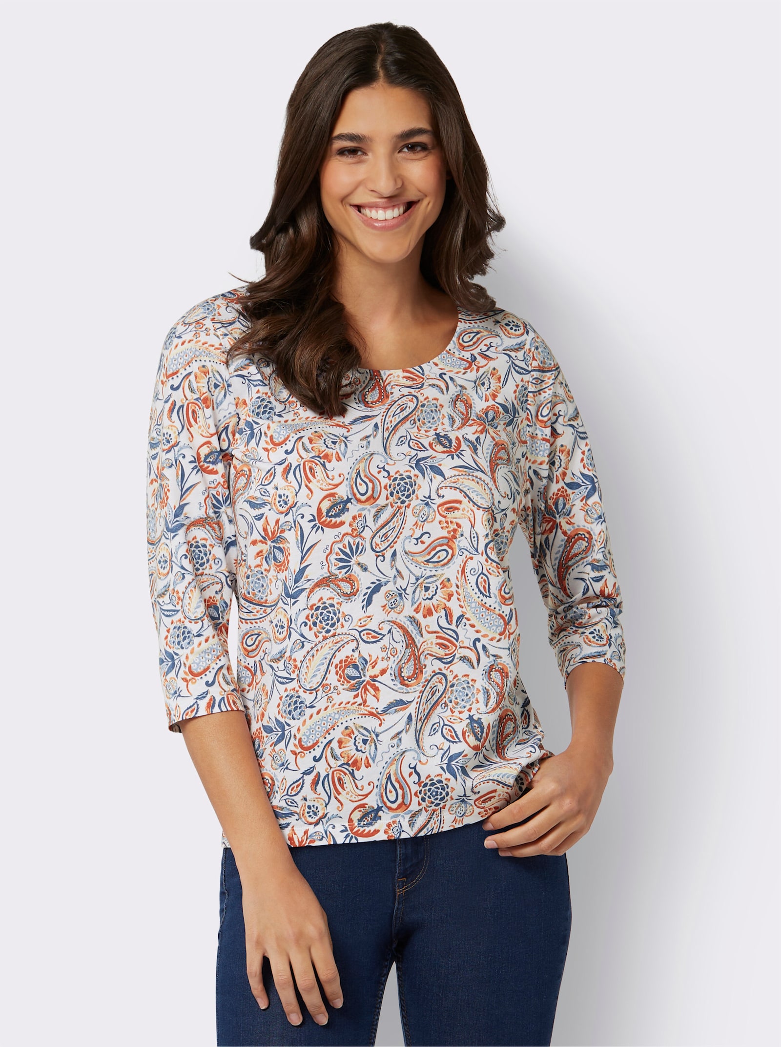 3/4-Arm-Shirt mit Paisley-Motiven - weiß-jeansblau-bedruckt