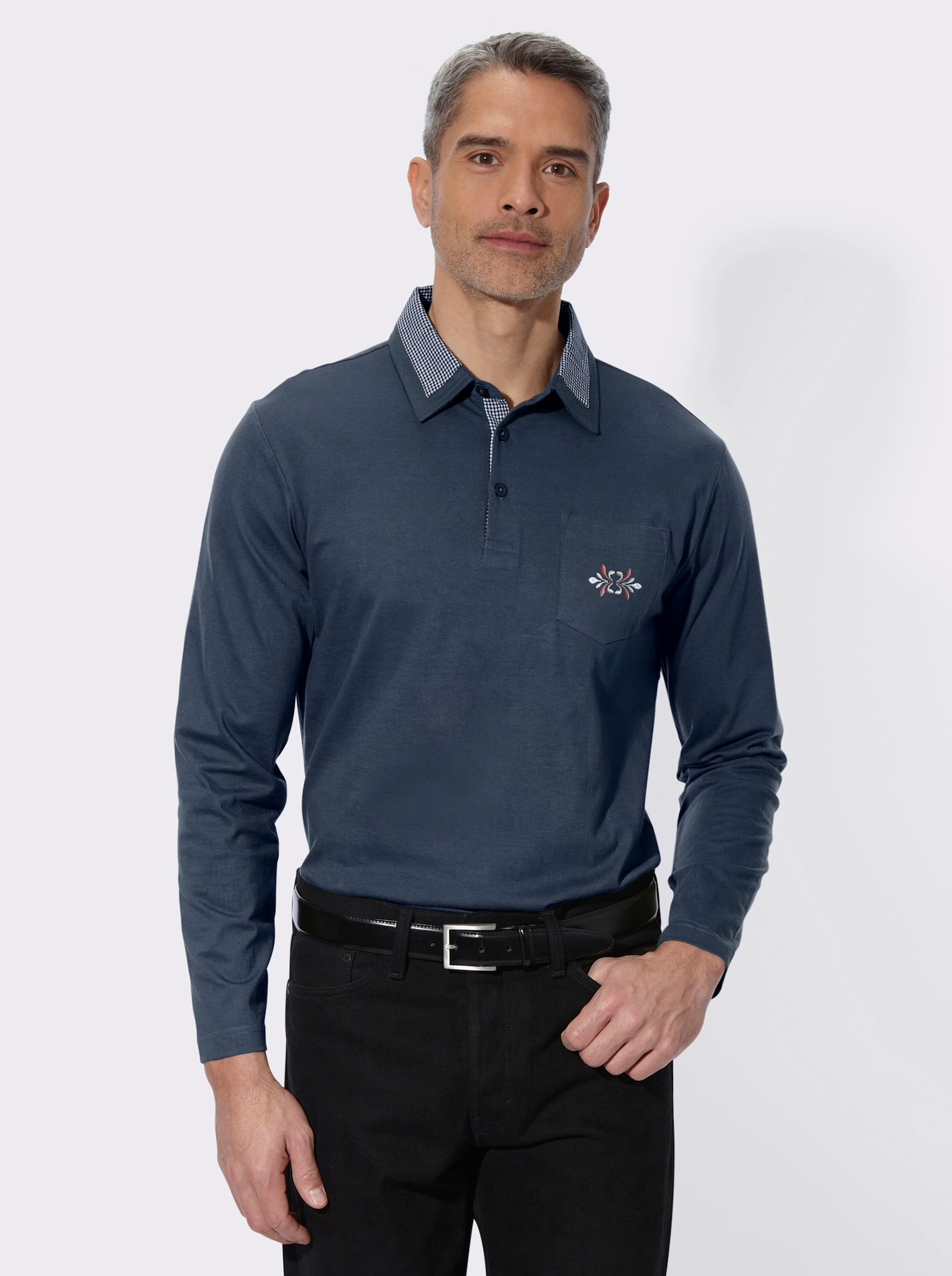 Langarm-Poloshirt mit Webkaro-Details - dunkelblau