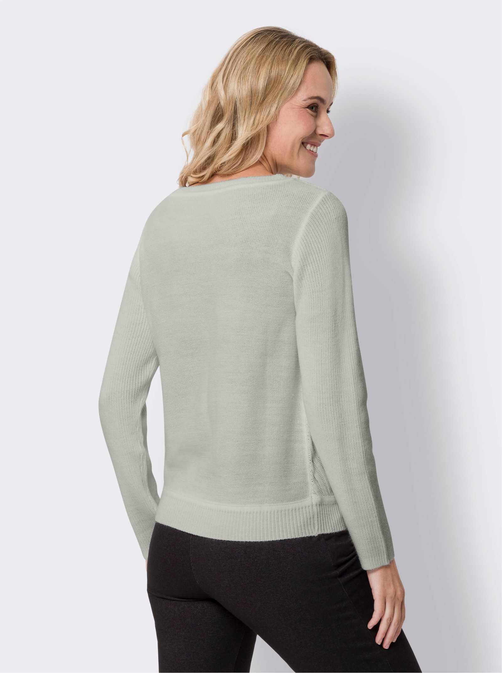 Tröja med rund halsringning & ribbstickat mönster - ljusgrå, melerad