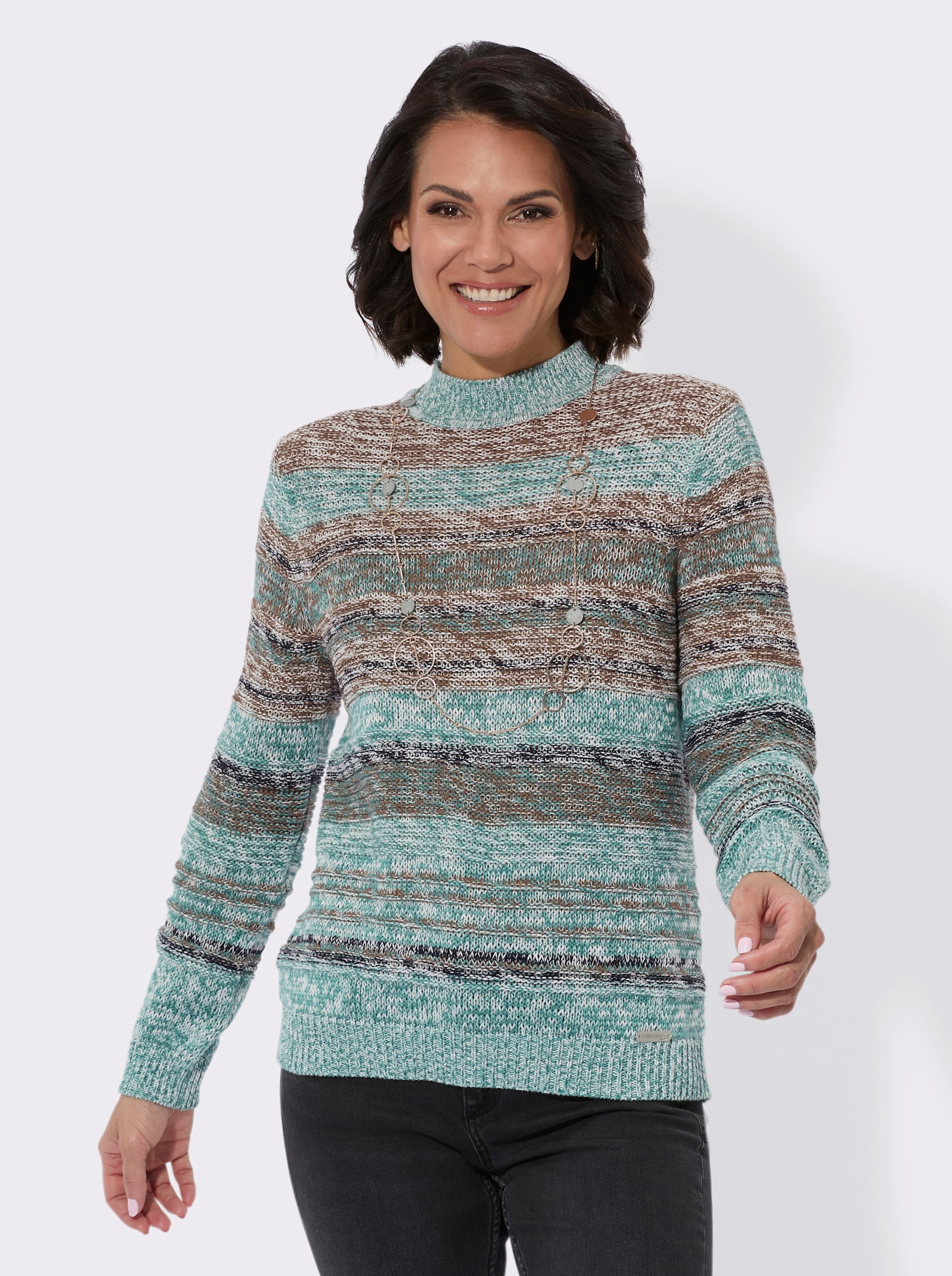 Langarm-Pullover mit Strickstruktur - jade-braun-meliert
