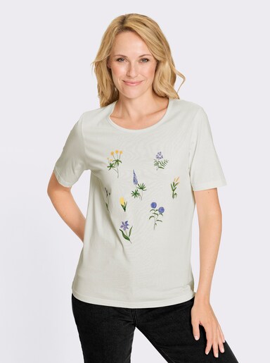 Kurzarmshirt mit Wiesenblumen-Druck - ecru