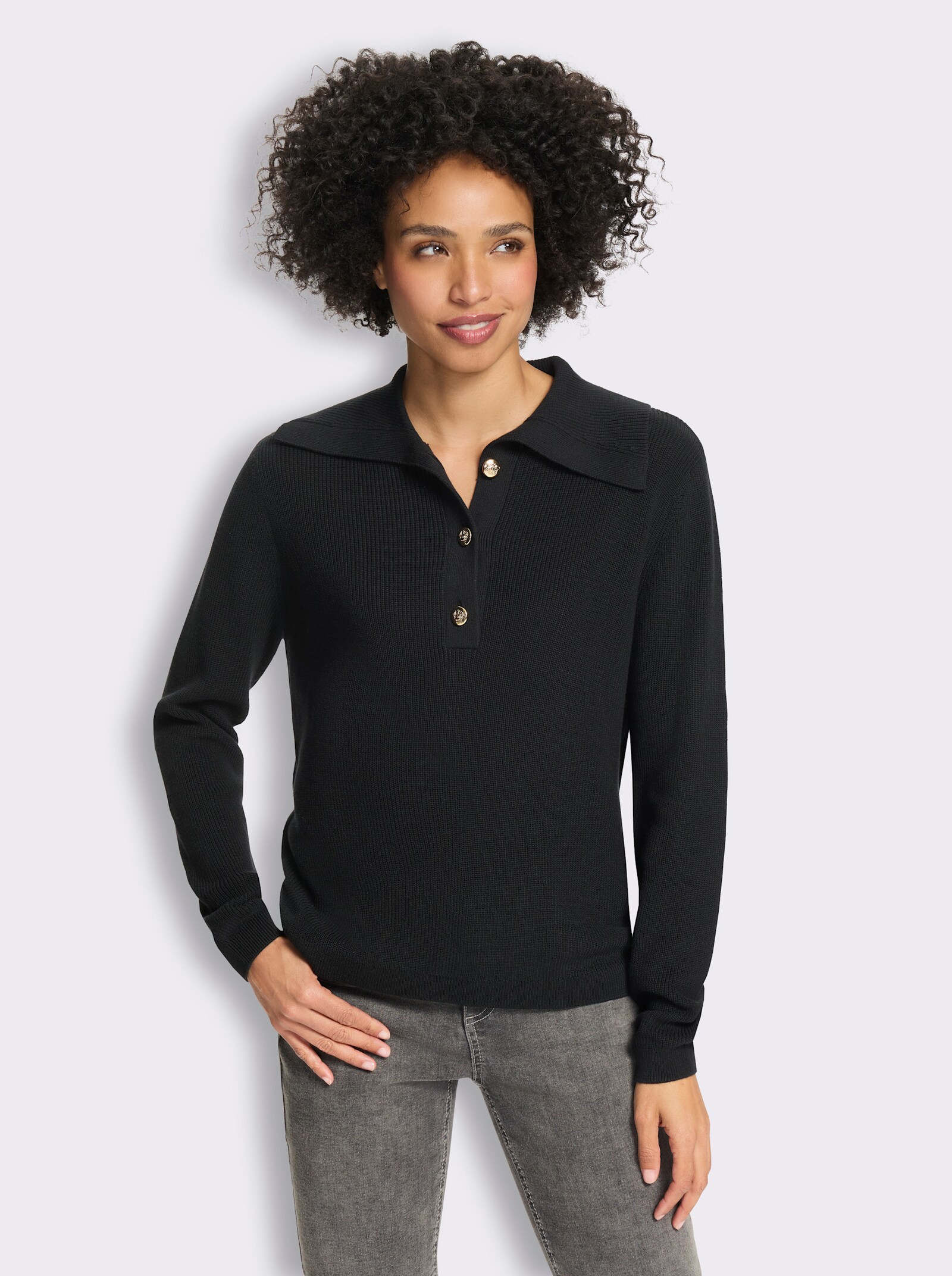 heine Langarm-Pullover mit Umlegekragen - schwarz