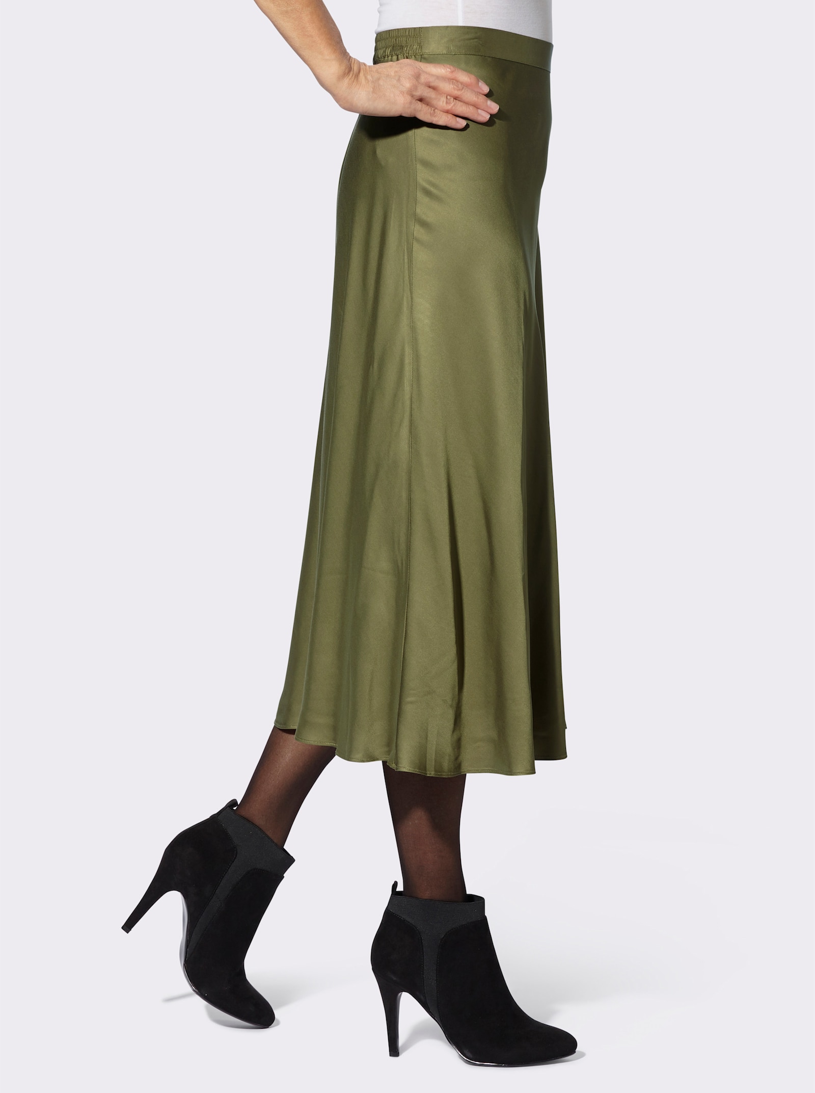 Saténová sukně rozšířeného střihu - olivová
