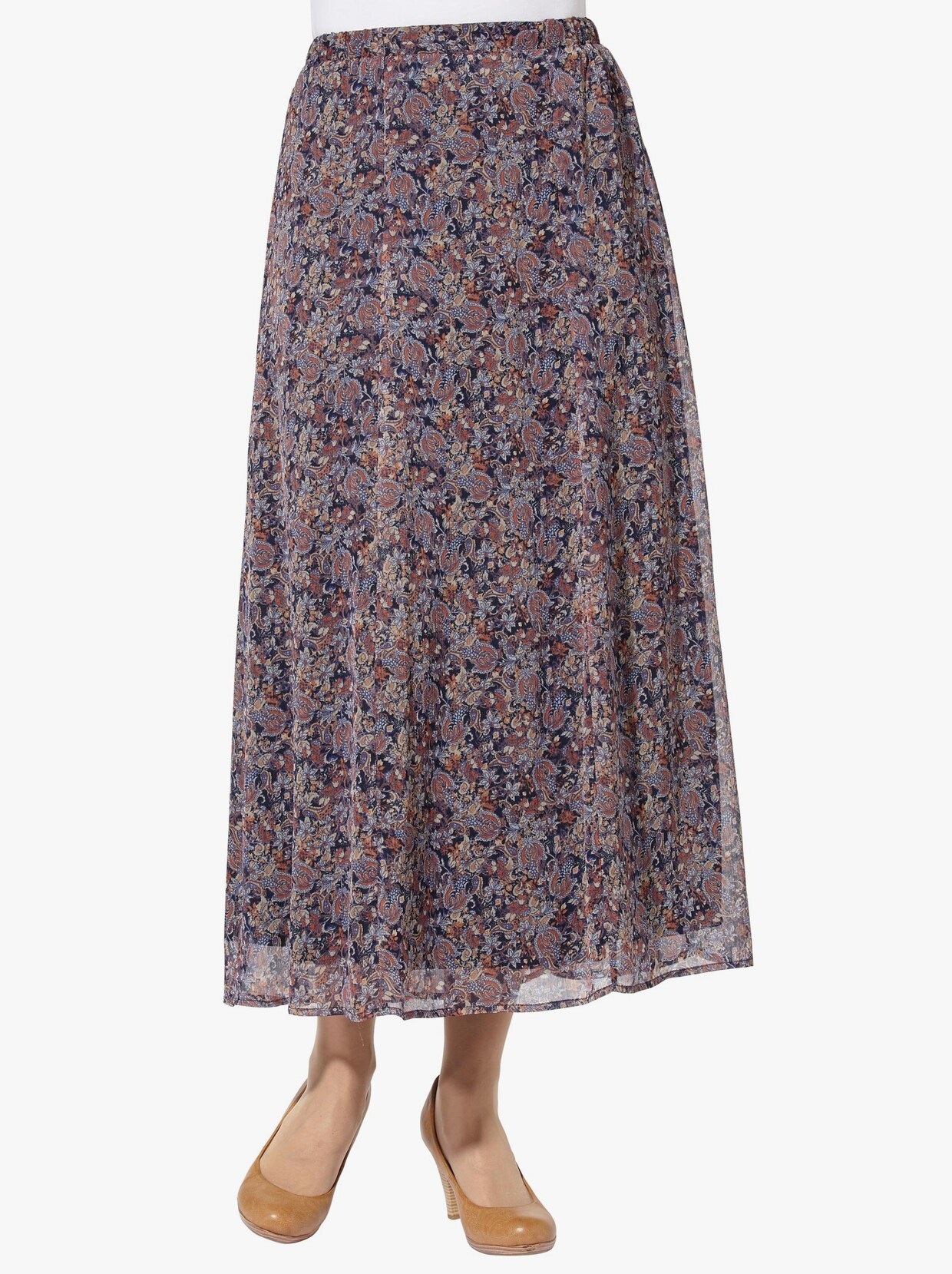 Šifónová sukňa - Námornícka modrá-terakotová potlač