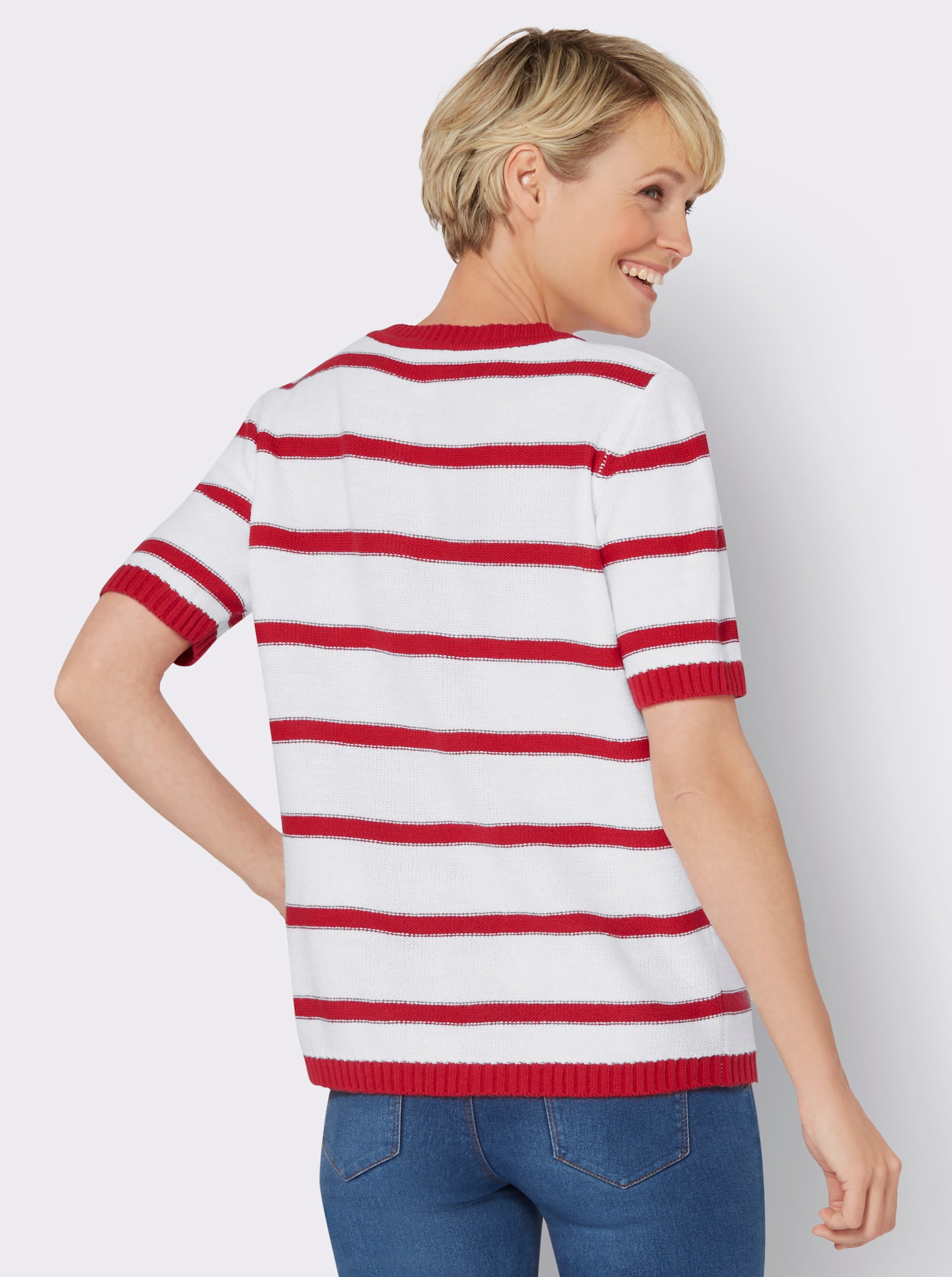 Kurzarmpullover mit Zopfmuster - erdbeere-weiß-geringelt