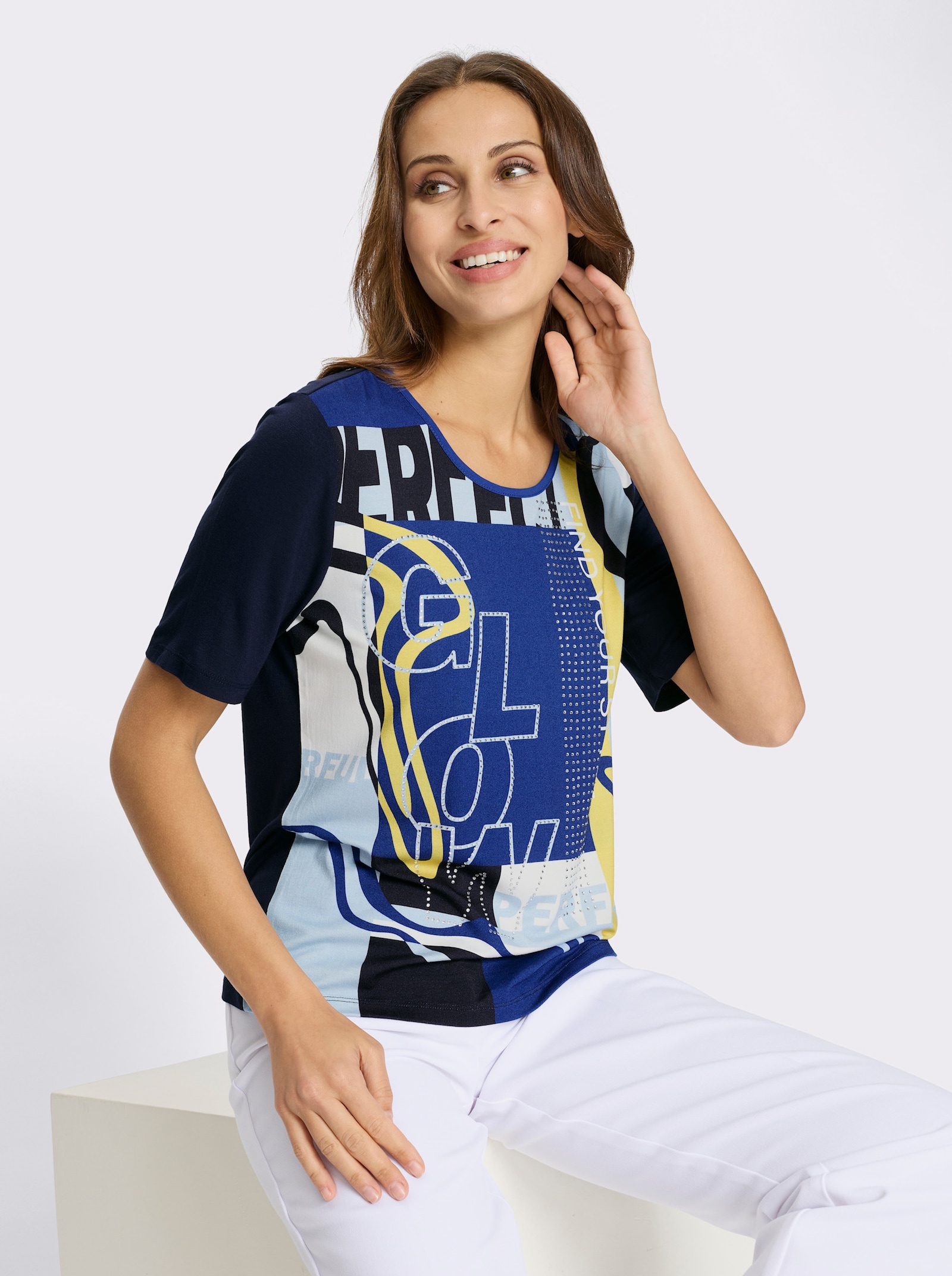 Kurzarmshirt mit einfarbigem Rückenteil - weiß-marine-bedruckt