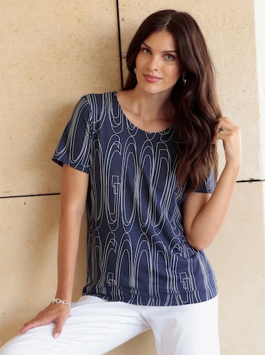 Kurzarmshirt mit Allover-Druck - marine-ecru-bedruckt