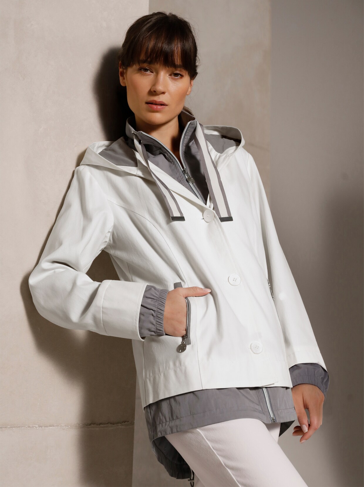 Creation L Premium Seiden-Baumwoll-Jacke - ecru-grau