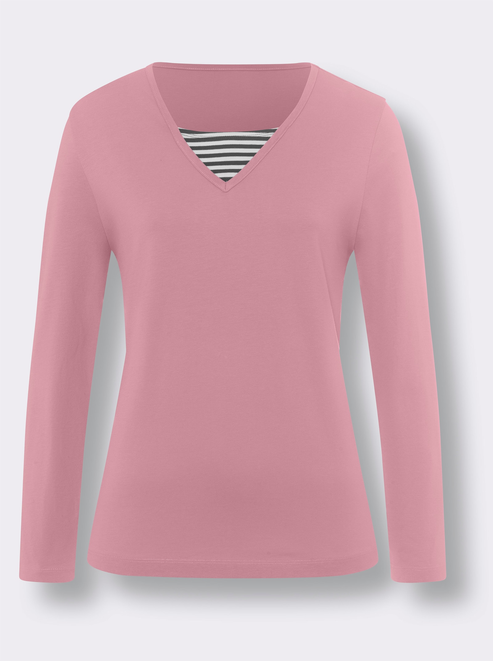  2-in-1-shirt met lange mouwen en gestreepte elleboogstukken - oudroze