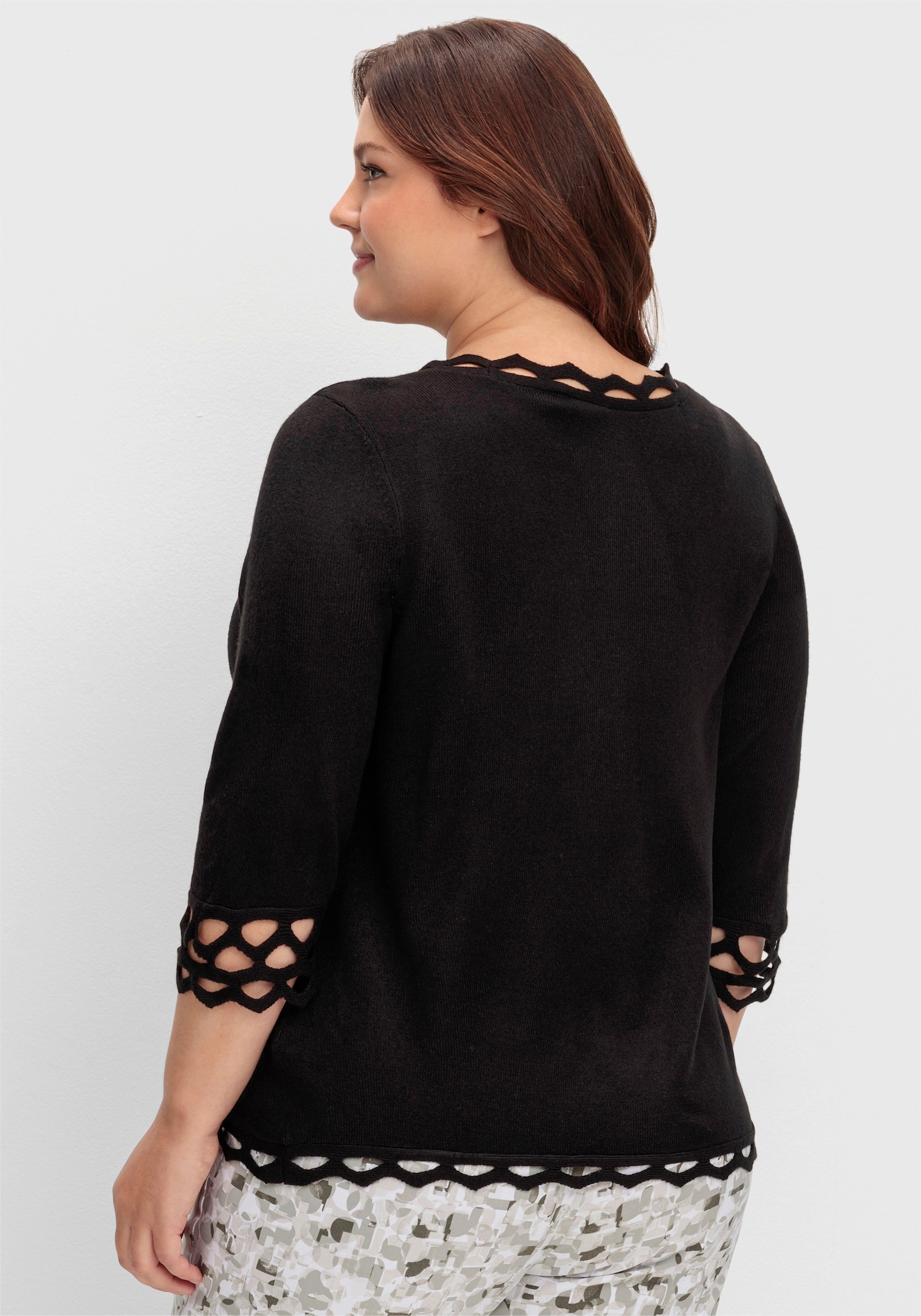 3/4 Arm-Pullover mit Zierborte - schwarz