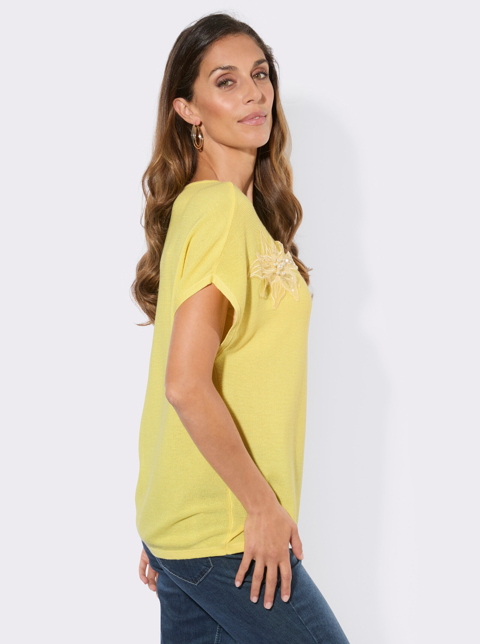 Kurzarmpullover mit Blüten-Applikation - zitrone