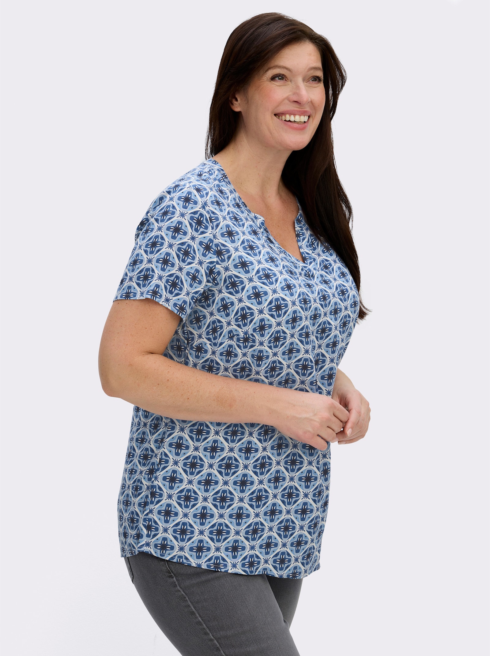 Druckbluse in Schlupfform - jeansblau-ecru-bedruckt