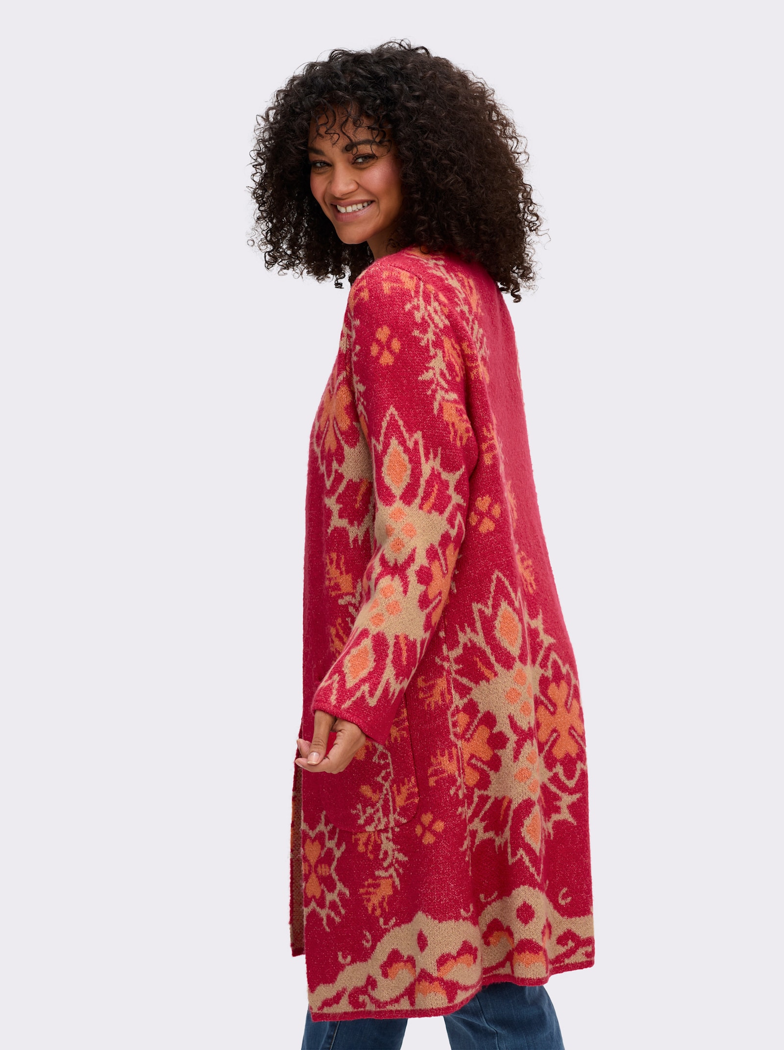 sheego by Joe Browns Strickmantel mit Blüten-Jacquardmuster - erdbeere-camel-gemustert