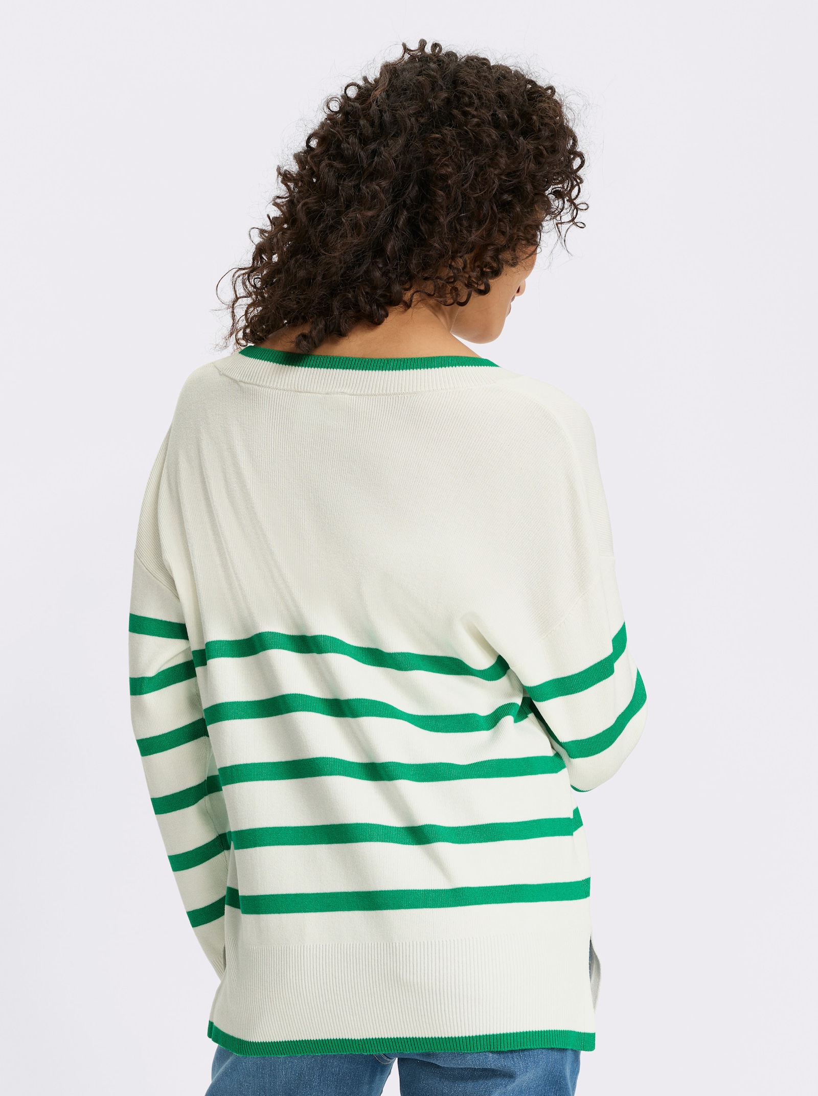 heine Gestreepte pullover met V-hals - grasgroen/ecru gestreept