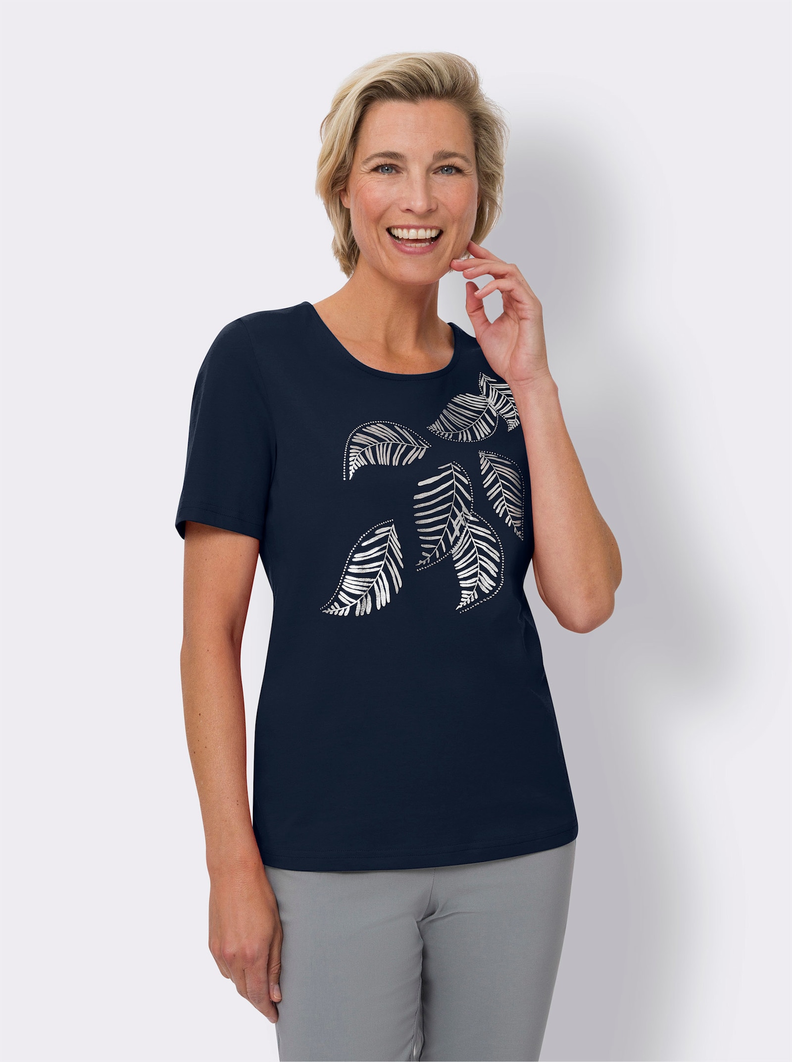 Kurzarmshirt im Blätter-Dessin - marine