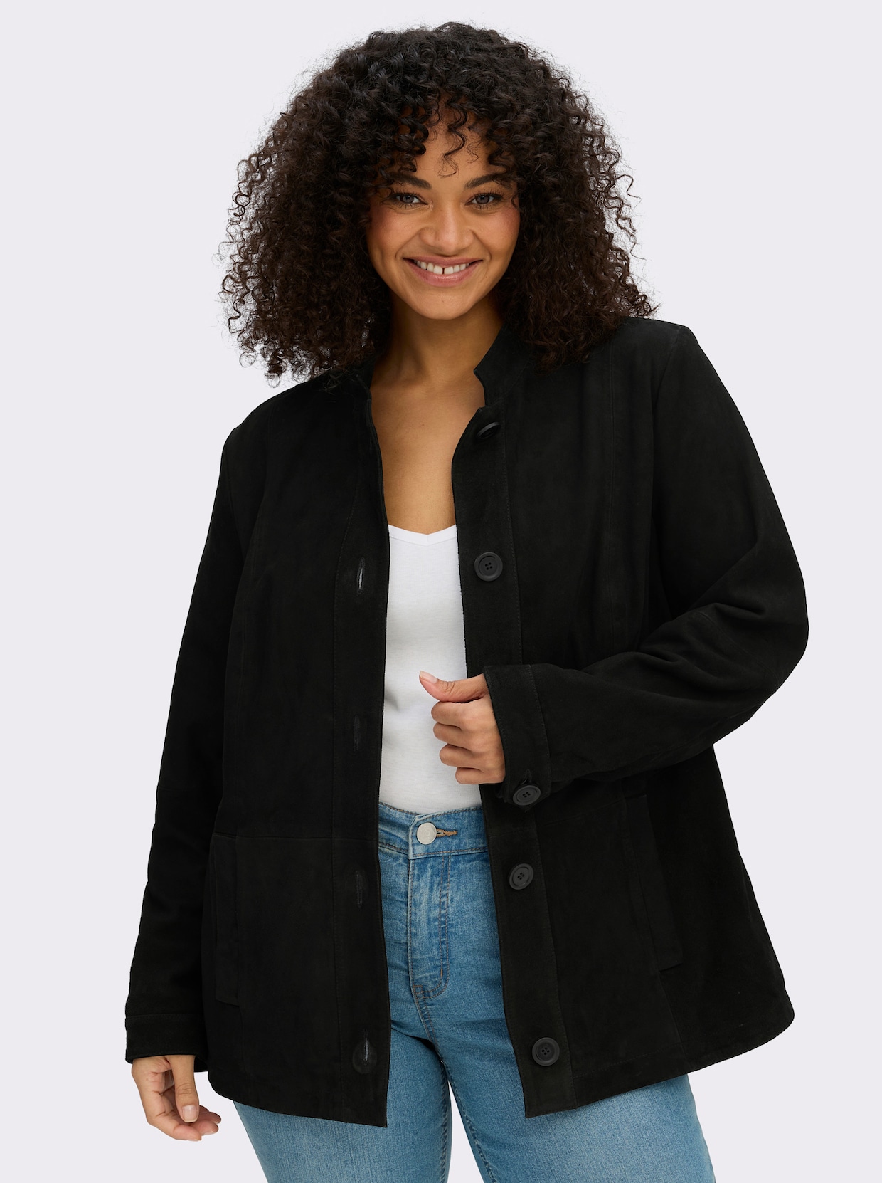 sheego Lederjacke aus Ziegenvelours - schwarz