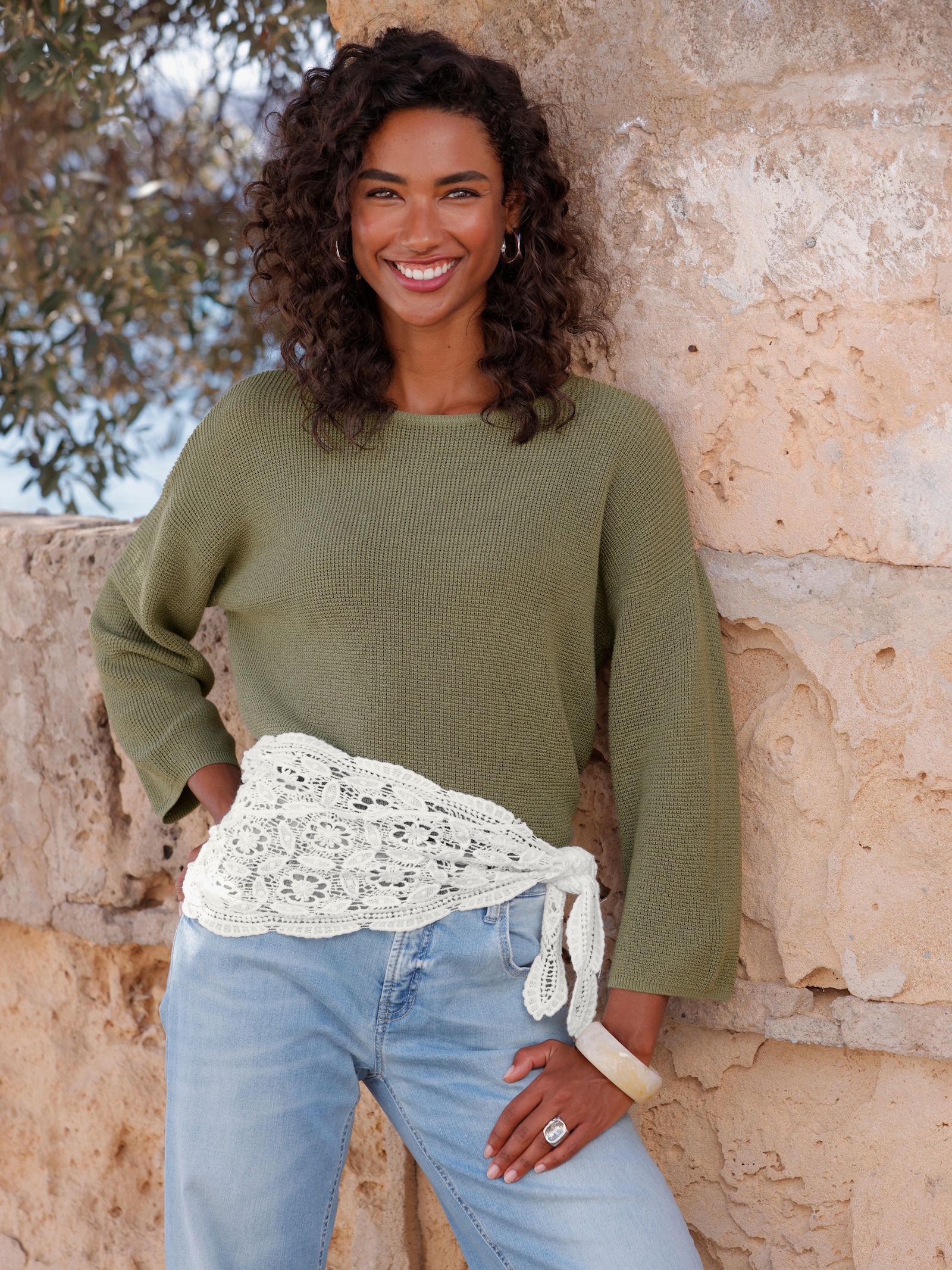 heine 3/4-Arm-Pullover mit Rippenbündchen - khaki