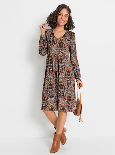 Šaty s potiskem z viskózové tkaniny - terra-džínová modrá-potisk