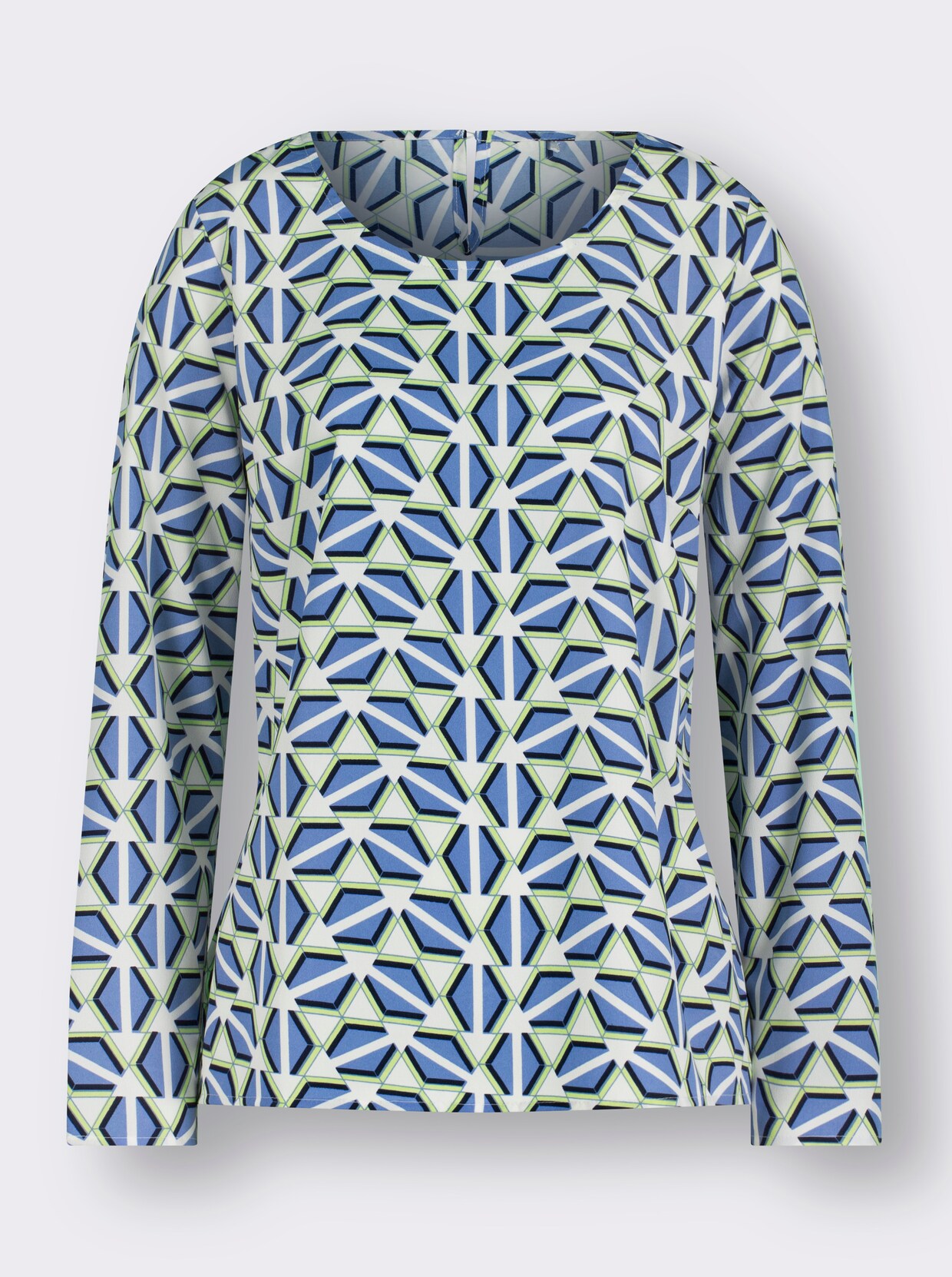 Comfortabele blouse - middenblauw/resedagroen gedessineerd