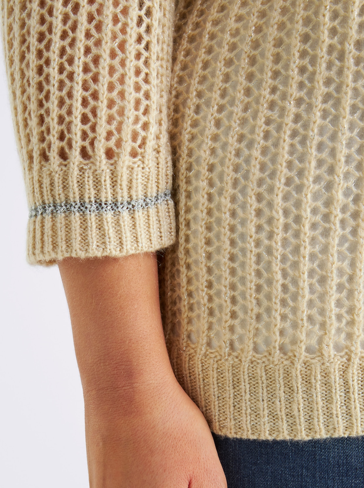 sheego Ajourpullover mit Glitzergarn - sand